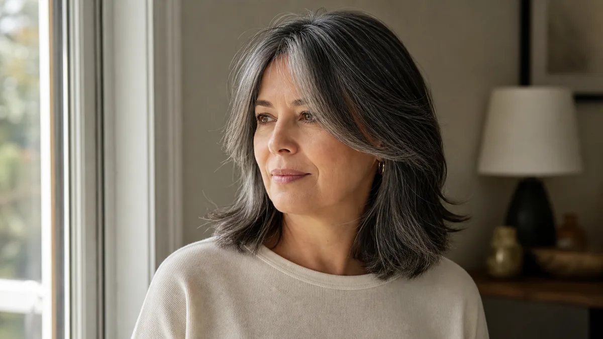 A mature woman with silver-streaked dark shoulder-length hair and soft curtain bangs parting at the center, standing beside a window in warm light