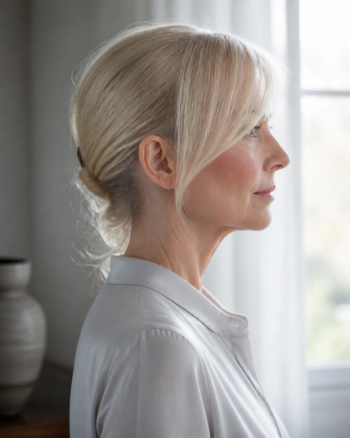 Profile view of a mature woman with light blonde fine hair styled in a side sweep, individual thin strands visible and the sweep anchoring behind the ear