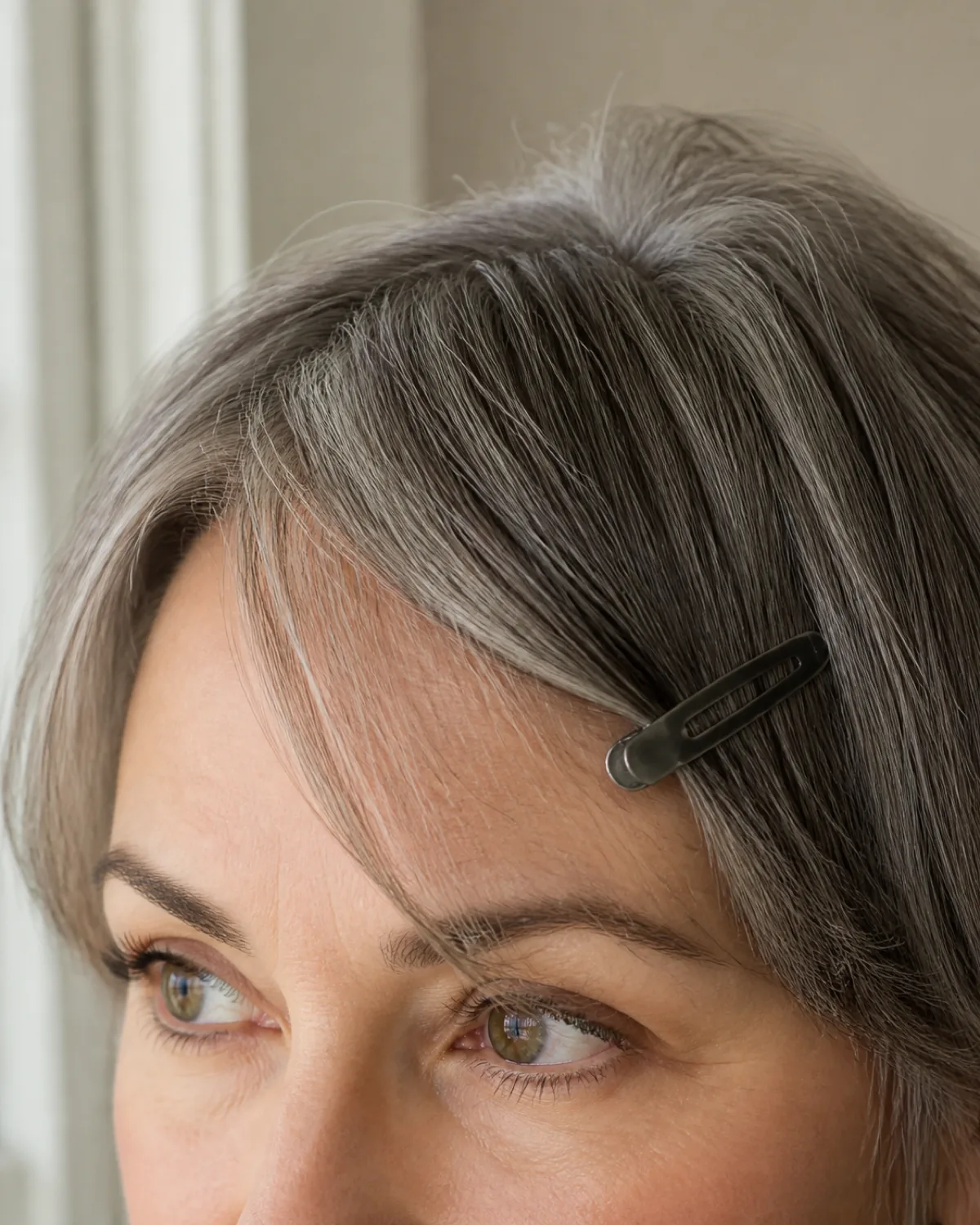 Close-up of a mature woman with multi-tonal grey hair showing a mid-transition fringe between the eyebrow and the cheekbone, swept to one side and held in place by a small dark clip at the temple