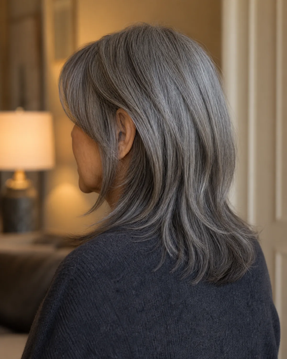 Back-three-quarter view of a mature woman with dark silver shoulder-length layered hair, showing the graduated layer structure from chin-length curtain pieces tapering smoothly to collarbone-length ends