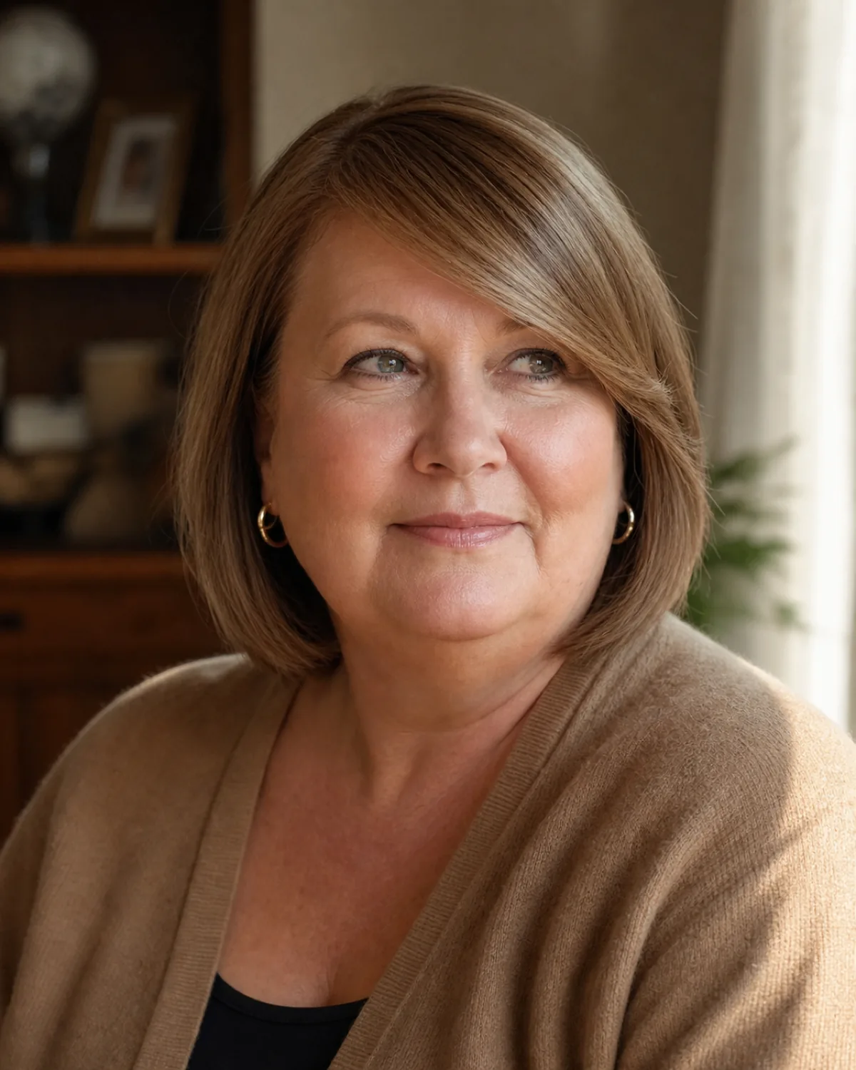 Three-quarter view of a mature woman with honey-brown chin-length hair and side-swept bangs on a visibly round face, the diagonal fringe line countering the roundness of the jaw