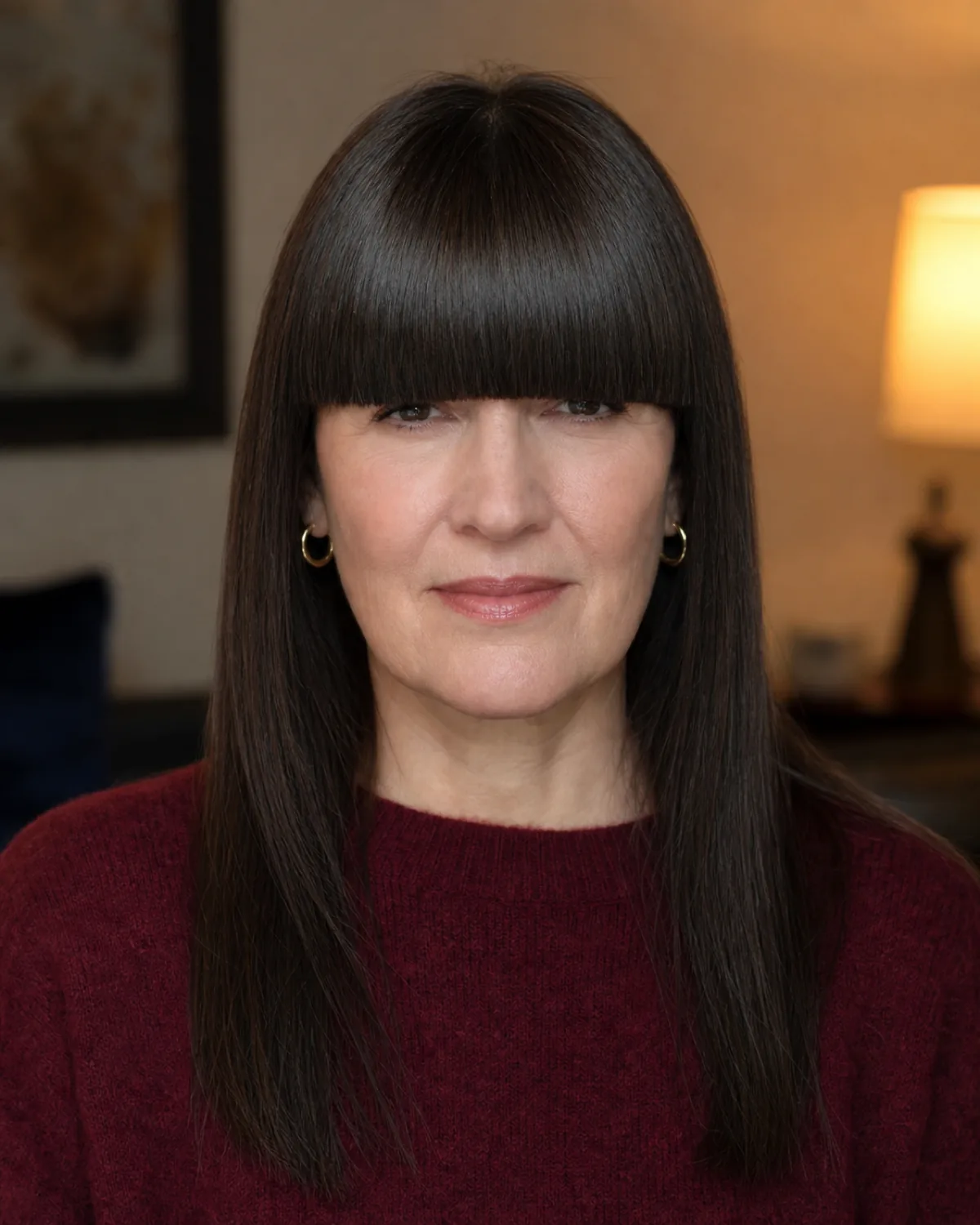 Front-facing view of a mature woman with thick dark brunette hair and solid blunt bangs cut straight across at the brow line, forming an unbroken horizontal shelf from temple to temple