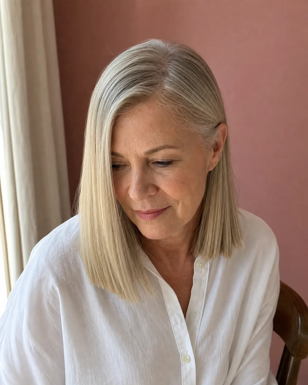 A woman with warm silver-blonde hair seated and shot from slightly above, the blunt one-length lob hemline visible at the collarbone as a clean straight line, in warm side-window light against a dusty-rose wall
