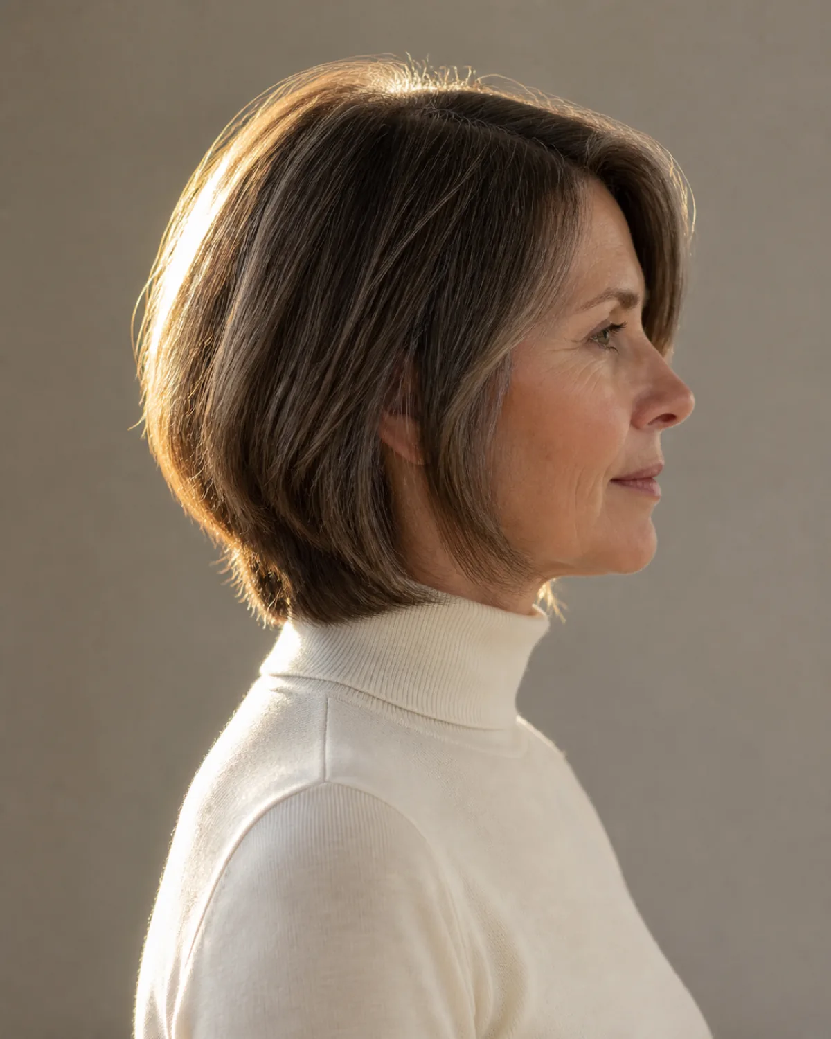 A side profile of a woman with warm-brown hair and subtle silver strands, two face-framing layers falling between the cheekbone and chin with natural strand separation in golden backlight