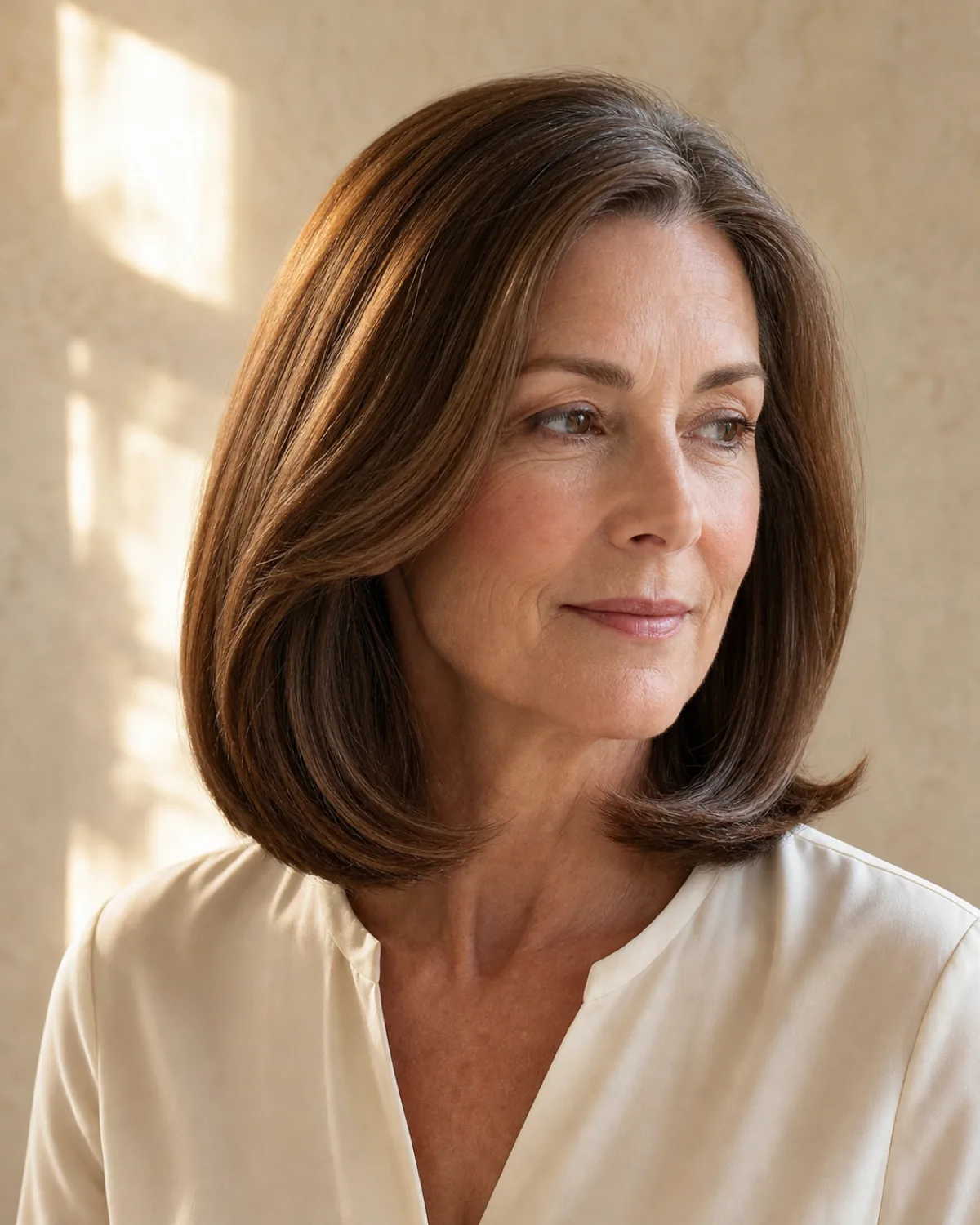A woman in her late 50s turned three-quarters right with chin slightly lowered, warm auburn shoulder-length hair with ends curving inward at the shoulder line, against a cream linen backdrop