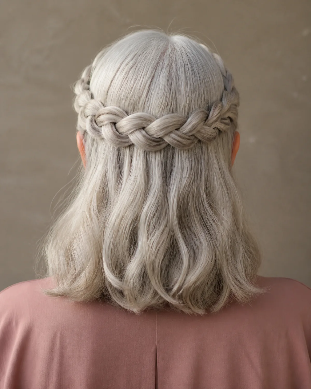 Back view of a woman with silver-white hair woven into a crown braid wrapping from ear to ear across the top of the head, individual strands catching the light along the weave pattern, against a dark muted background