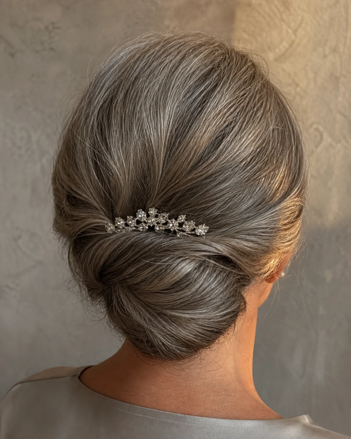 Close crop of the back of a woman's head showing a low chignon at the nape with a jewelled comb sitting flat just above the twist, individual crystal elements catching the light, warm directional light from camera right