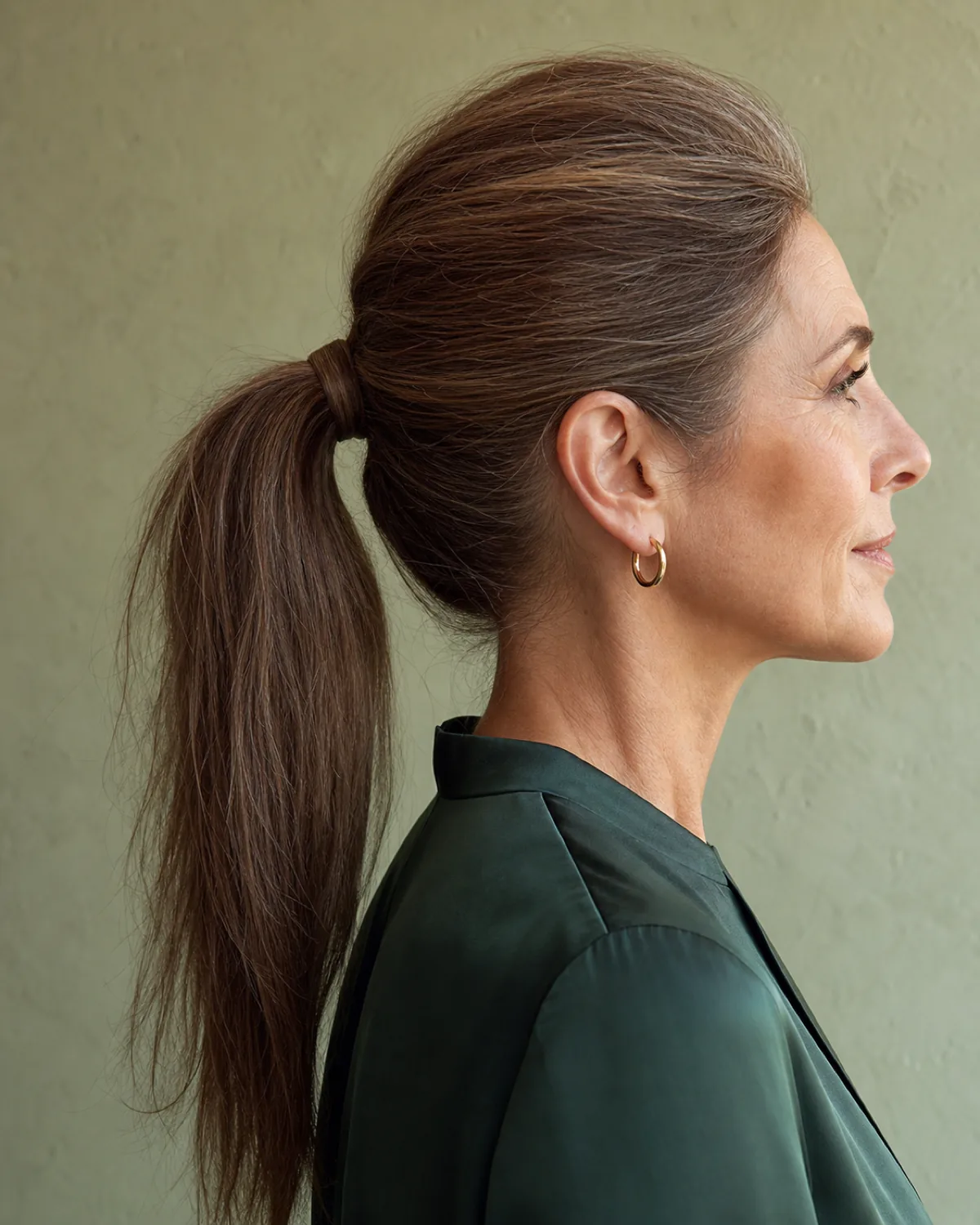 Full profile from the right of a woman in her late 50s with warm brown hair in a mid-height ponytail, the crown section teased for visible volume, the tail falling behind the shoulder, against a pale grey wall