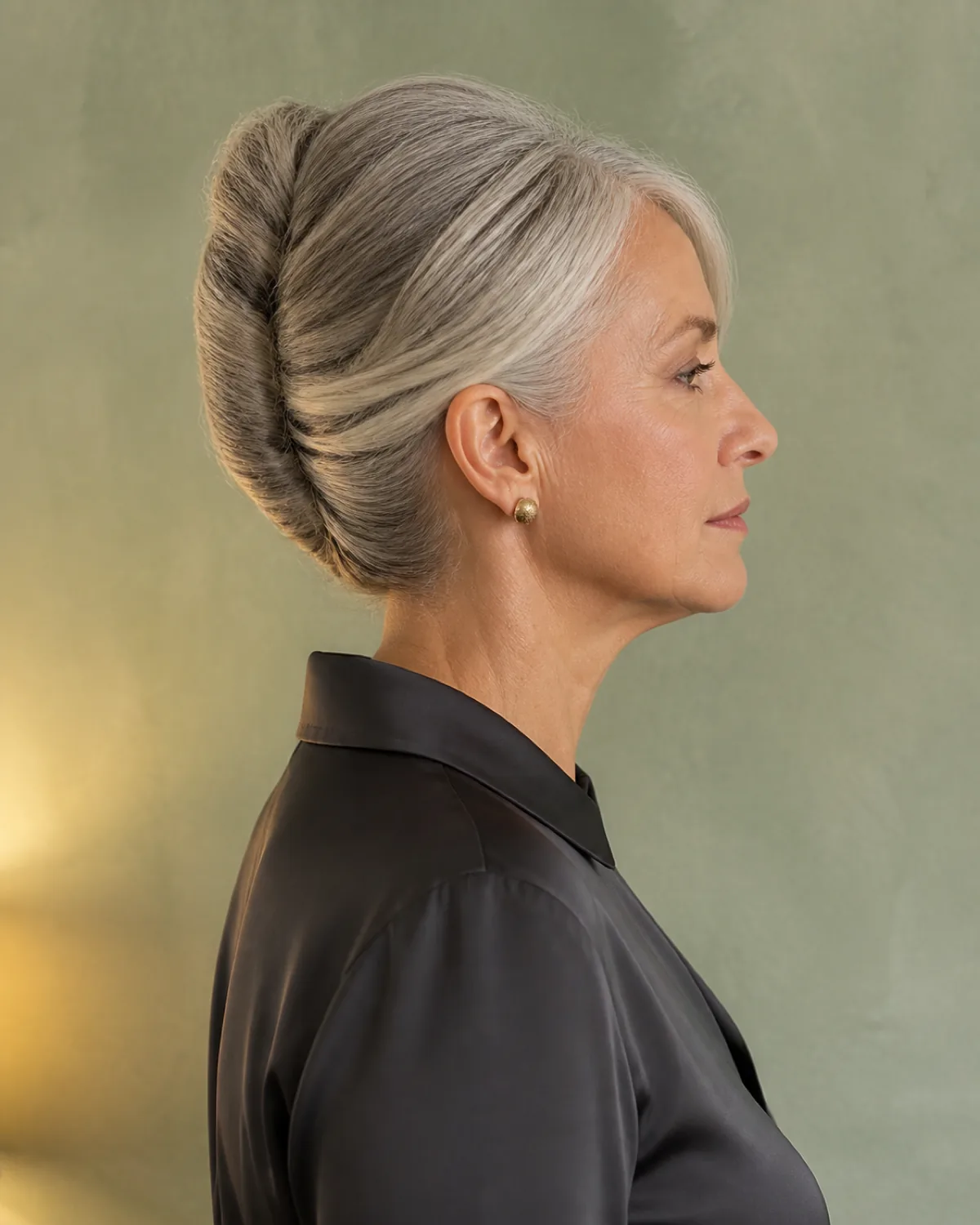 Full profile of a woman in her early 60s with silver-streaked dark hair swept to the left and rolled into a vertical French twist, the roll running from nape to crown, against a soft grey wall