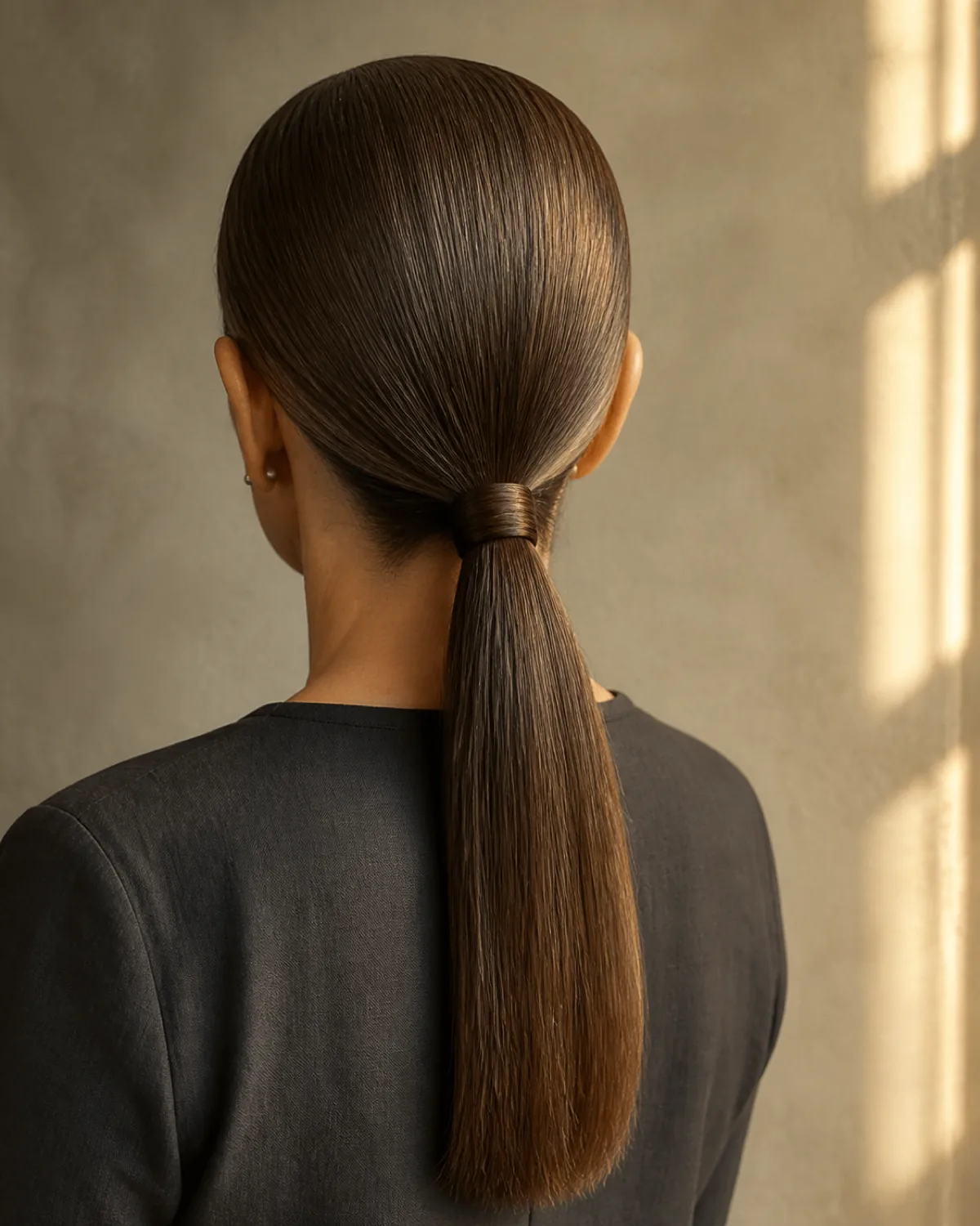 Back three-quarter view of a woman with dark brown hair gathered into a sleek low ponytail at the nape, the surface smoothed flat against the head, a strand wrapped around the elastic, against a warm taupe wall