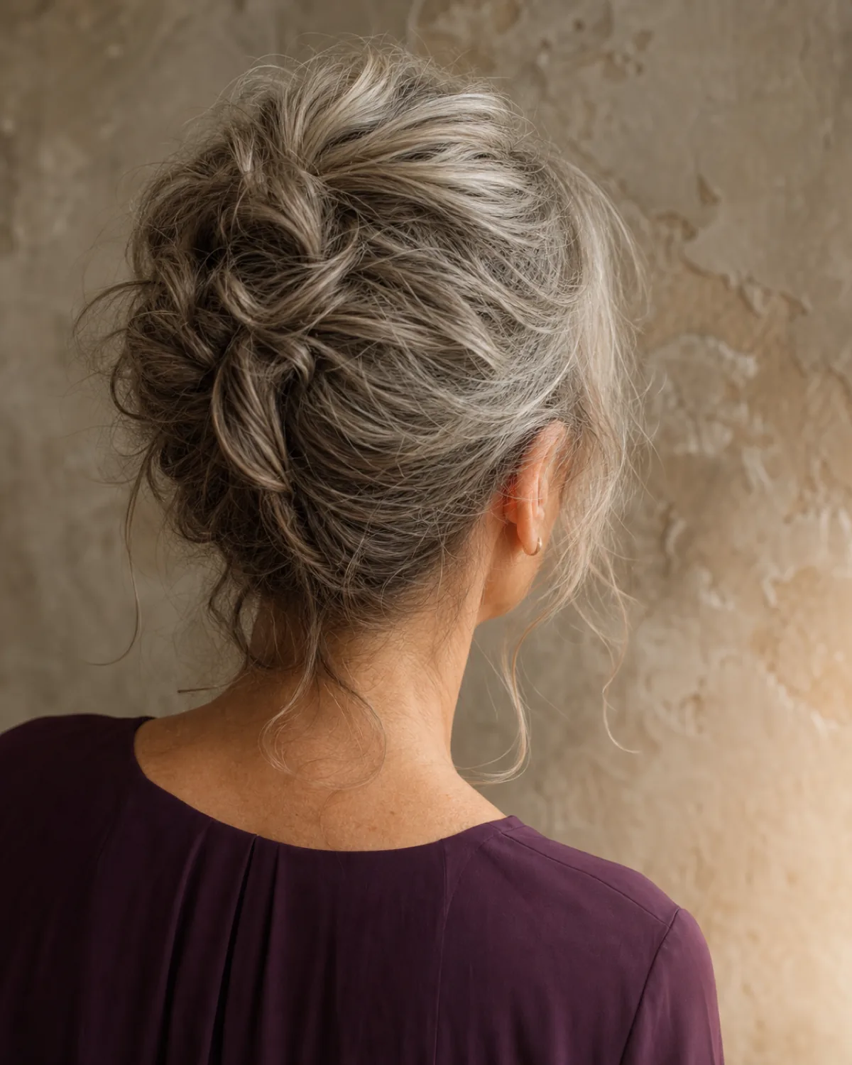 Back three-quarter view of a woman in her early 60s with dark hair loosely pinned at the back in a textured updo, nape wisps escaping the pins, the overall effect intentionally undone, warm light from camera left