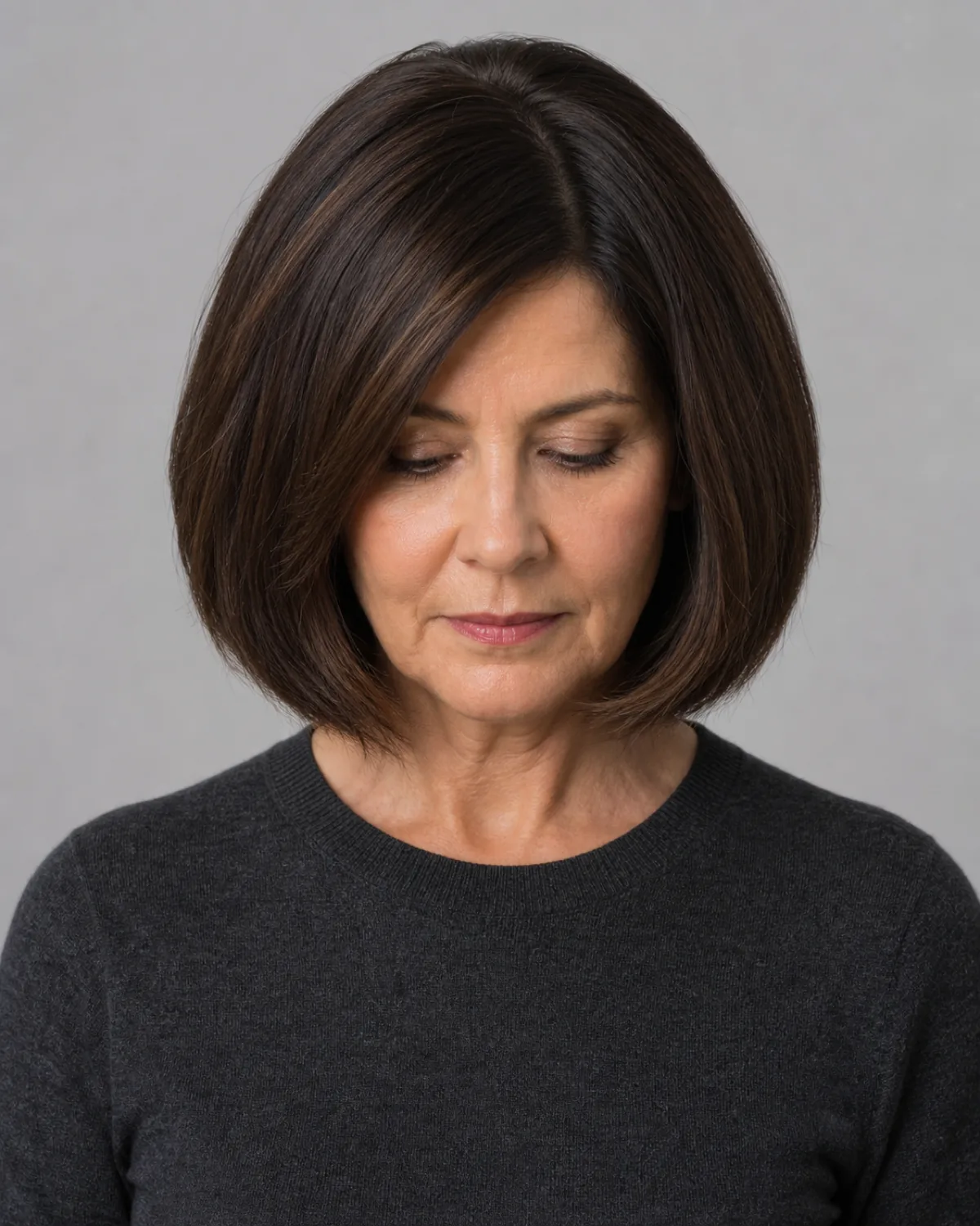 A woman in her early 60s with thick dark brown hair at jaw length, front-facing with eyes downcast, the dense bob creating a visible rounded mass at the jaw