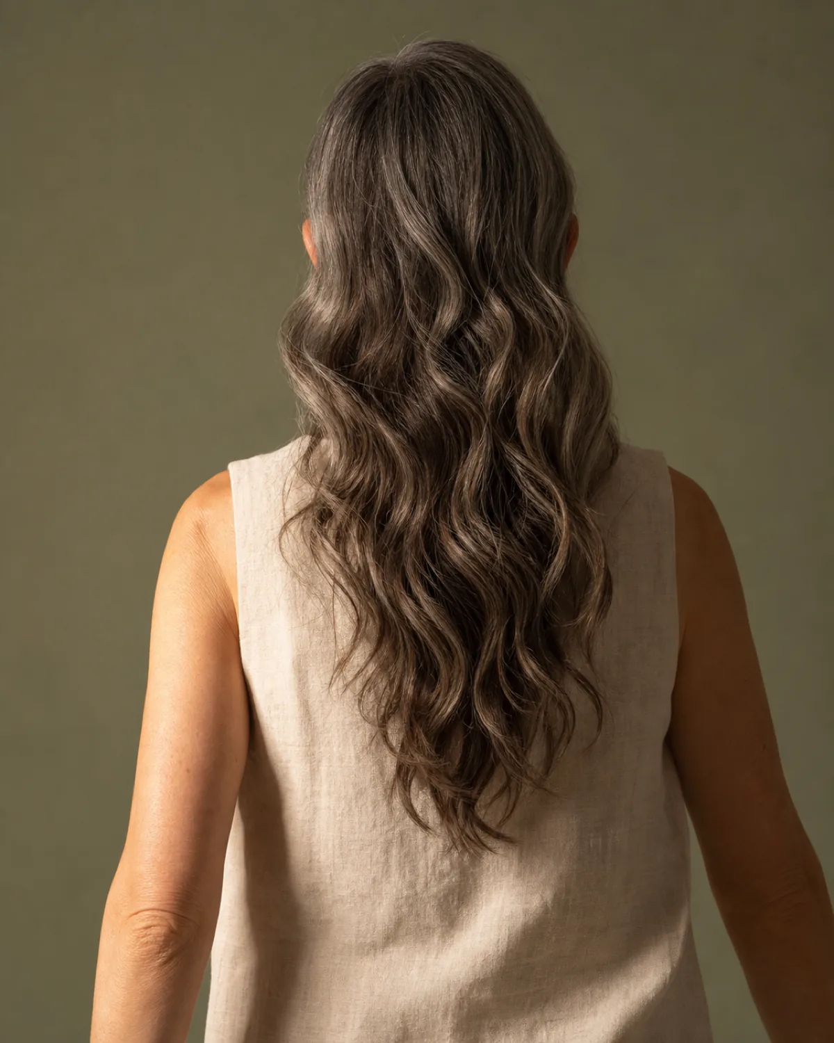 A woman walking away from camera with mid-back length dark hair with silver streaks, natural wave pattern breaking the vertical line, sage green background