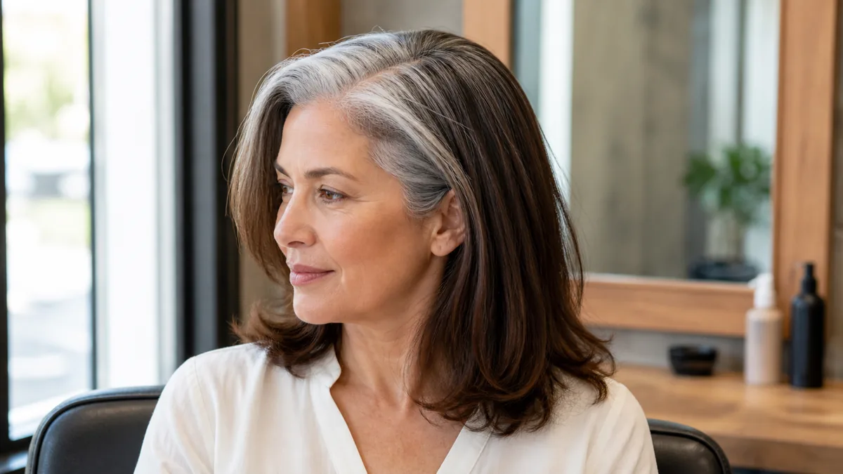 Woman over 50 in a salon chair with visible silver-gray root band growing out from darker dyed hair, three-quarter view