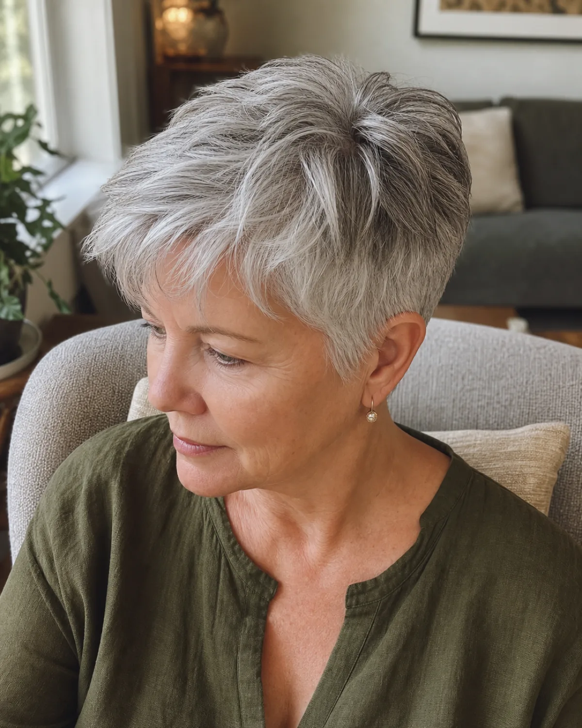 Woman over 50 with short silver pixie cut nearly fully transitioned, seated in living room, olive-green top, three-quarter view