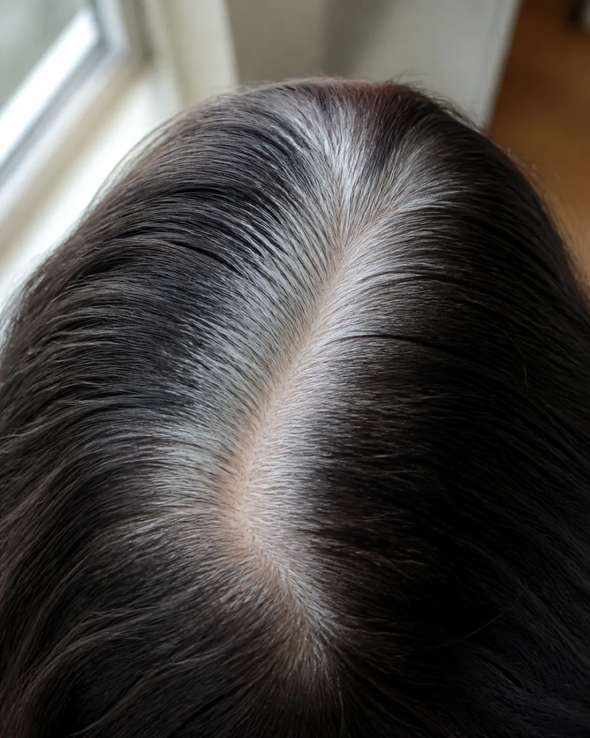 Top-down close-up of a dark-dyed part line showing silver-white root growth along the part under natural daylight