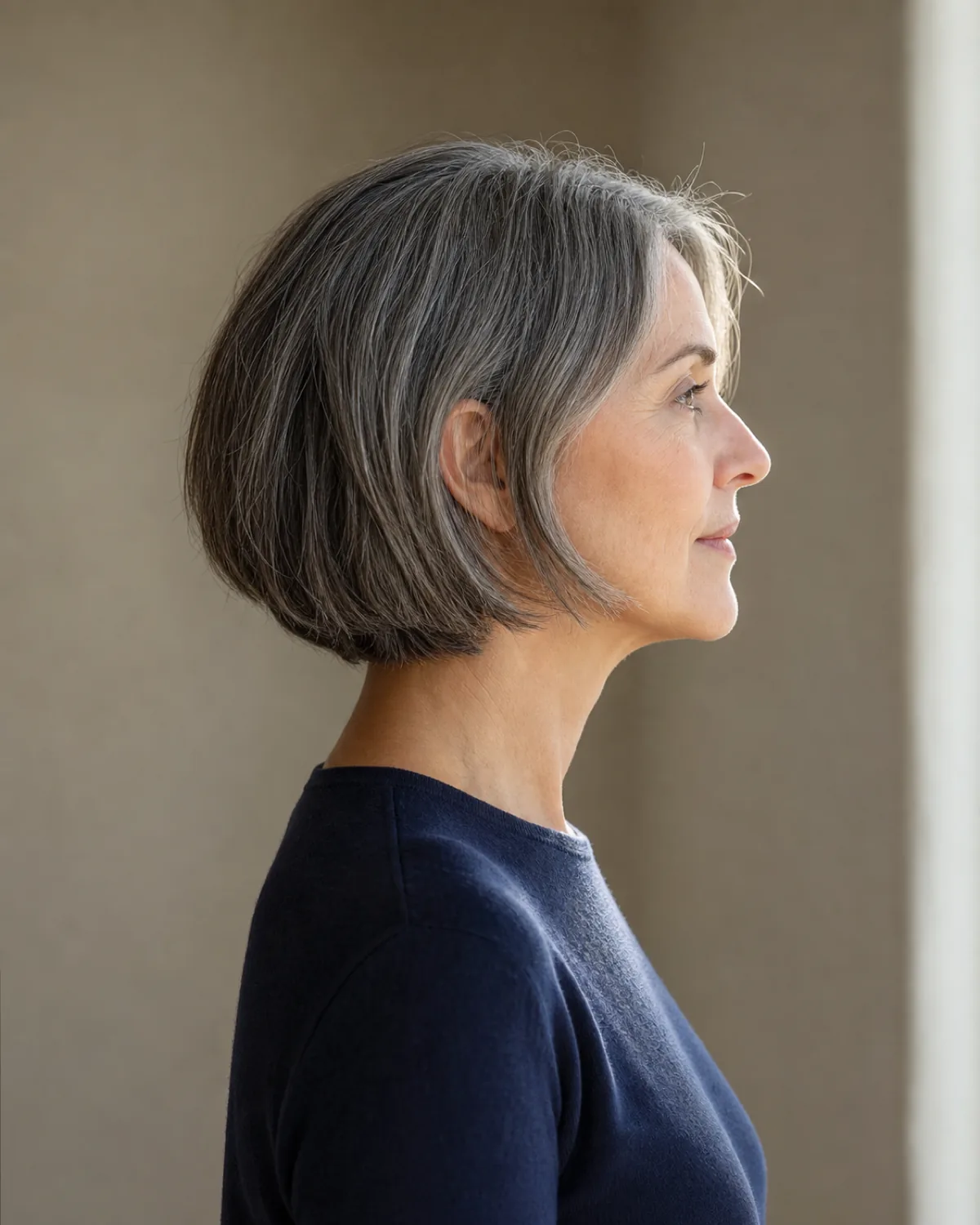 Side profile of a woman over 50 with chin-length salt-and-pepper hair showing even intermix of gray and dark strands, navy sweater