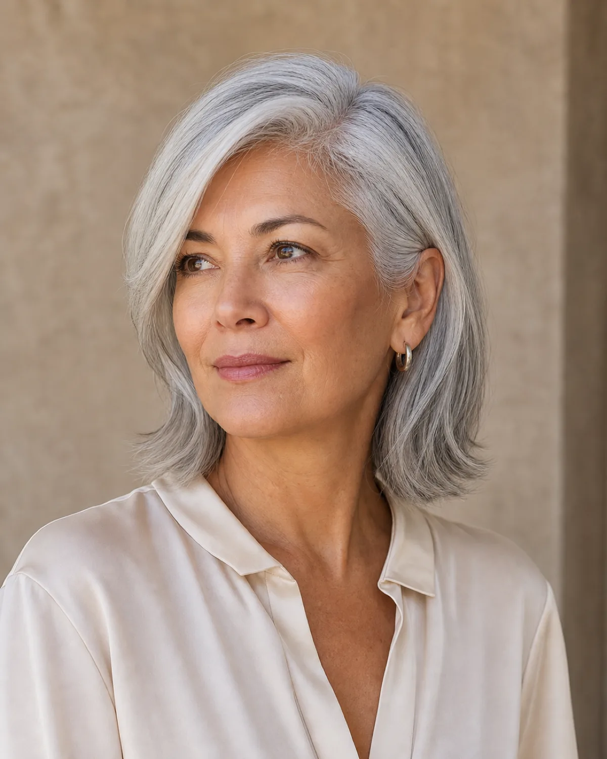 Woman over 50 with cool-toned silver hair side-swept past the ear, three-quarter view showing warm skin tone against cool silver, ecru blouse