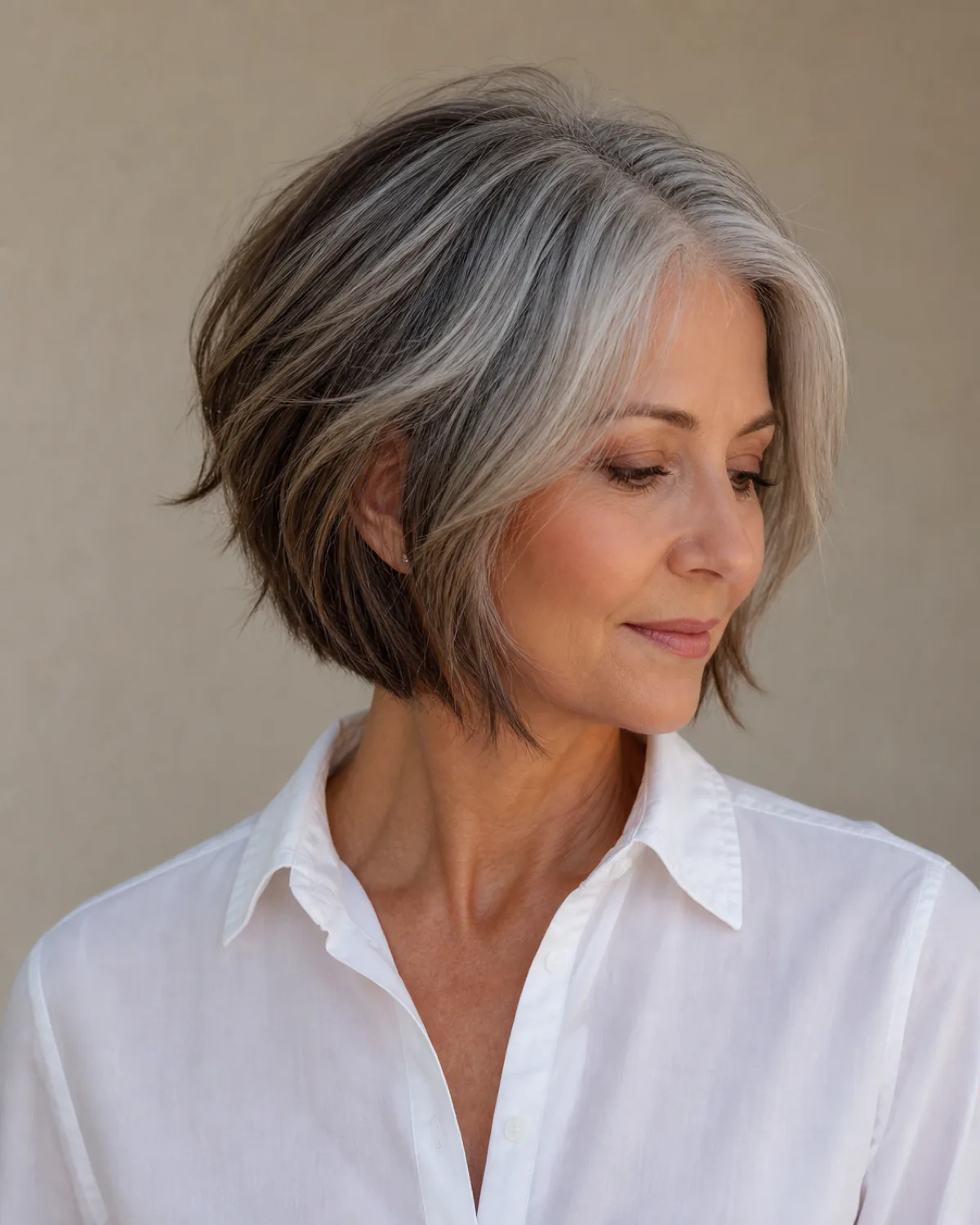 Woman over 50 with graduated layered bob showing silver roots blending through razored layers into darker ends, three-quarter view, white shirt