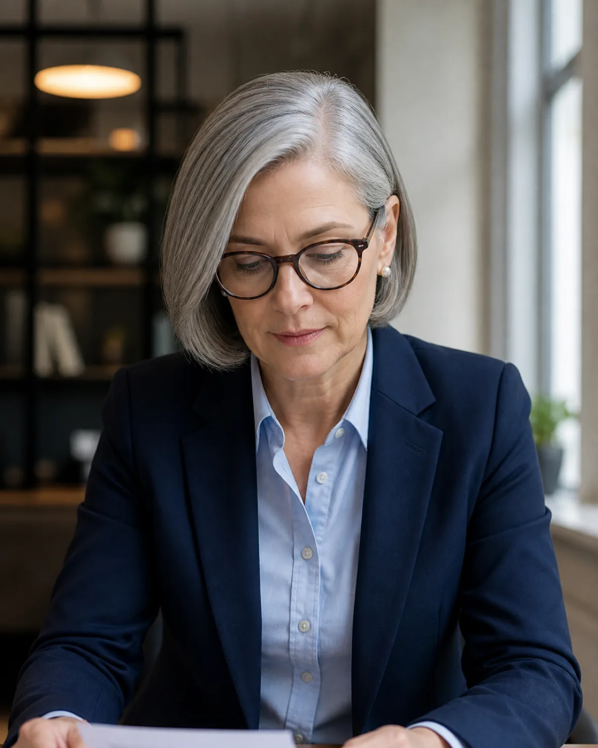 Woman over 50 with sleek silver-gray bob in professional office setting, navy blazer and light blue shirt, eyes downcast, soft focus on features