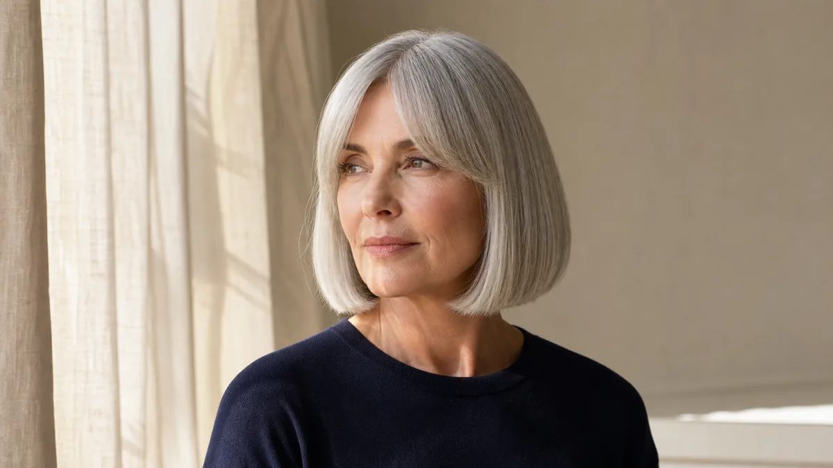 A woman in her late 50s with a clean silver chin-length bob and curtain bangs, three-quarter turn to camera left, navy crewneck, warm cream wall behind her
