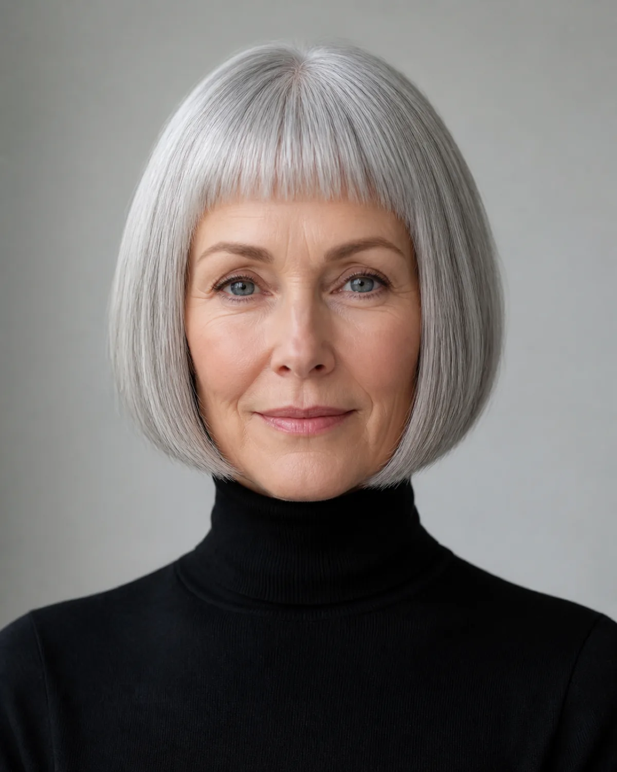 A woman in her late 50s front-facing with a silver jaw-length bob and short dense blunt bangs sitting well above the brows, black turtleneck against a dove-grey wall