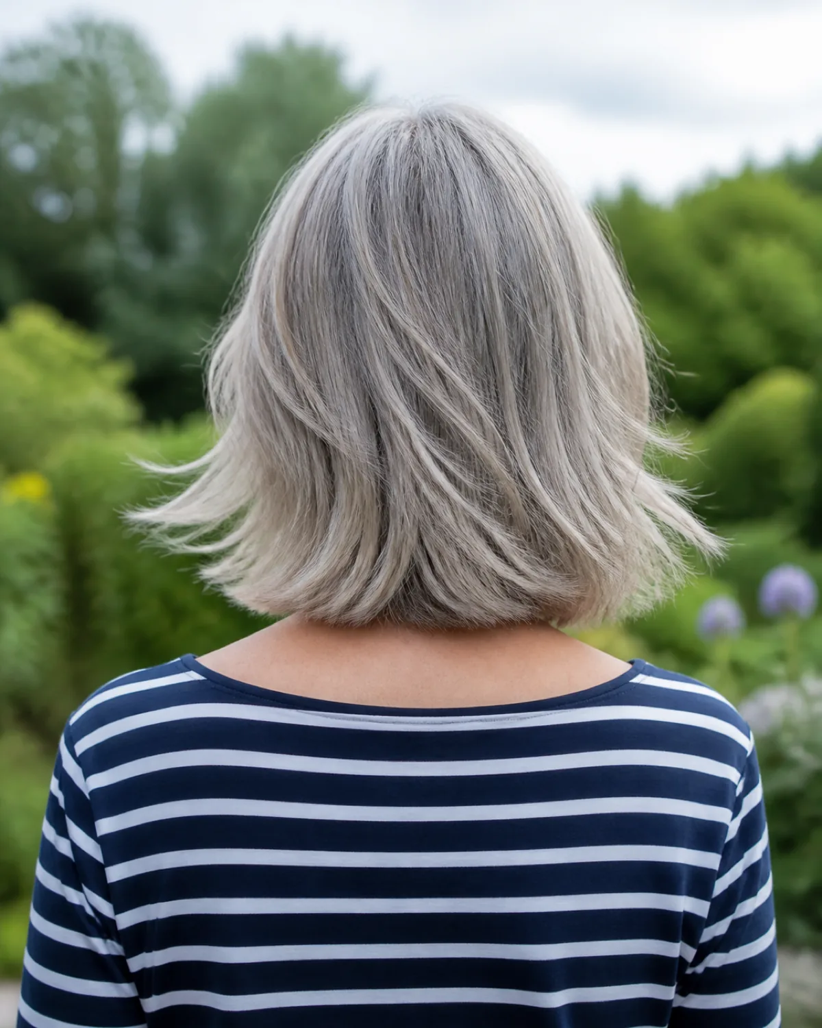A woman in her early 60s walking away at eye level showing a collarbone-length silver lob with layered movement and face-framing pieces, navy-and-white Breton striped top against a garden background