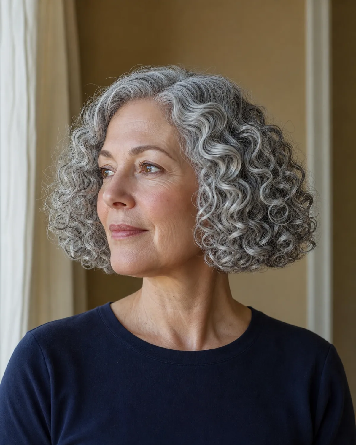 A woman in her late 50s with a chin-length silver-grey curly bob with no layers, three-quarter turn to the left in a navy top, defined ringlets ending in a full even hemline at the chin
