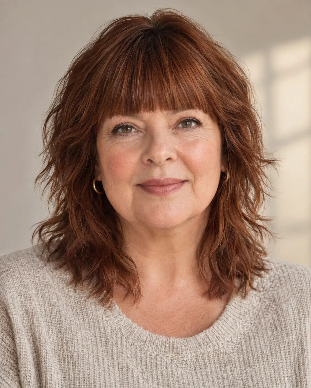 Front-facing view of a mature woman with an auburn textured shag at collarbone length, a blunt eye-skimming fringe sitting separately from the choppy layers below
