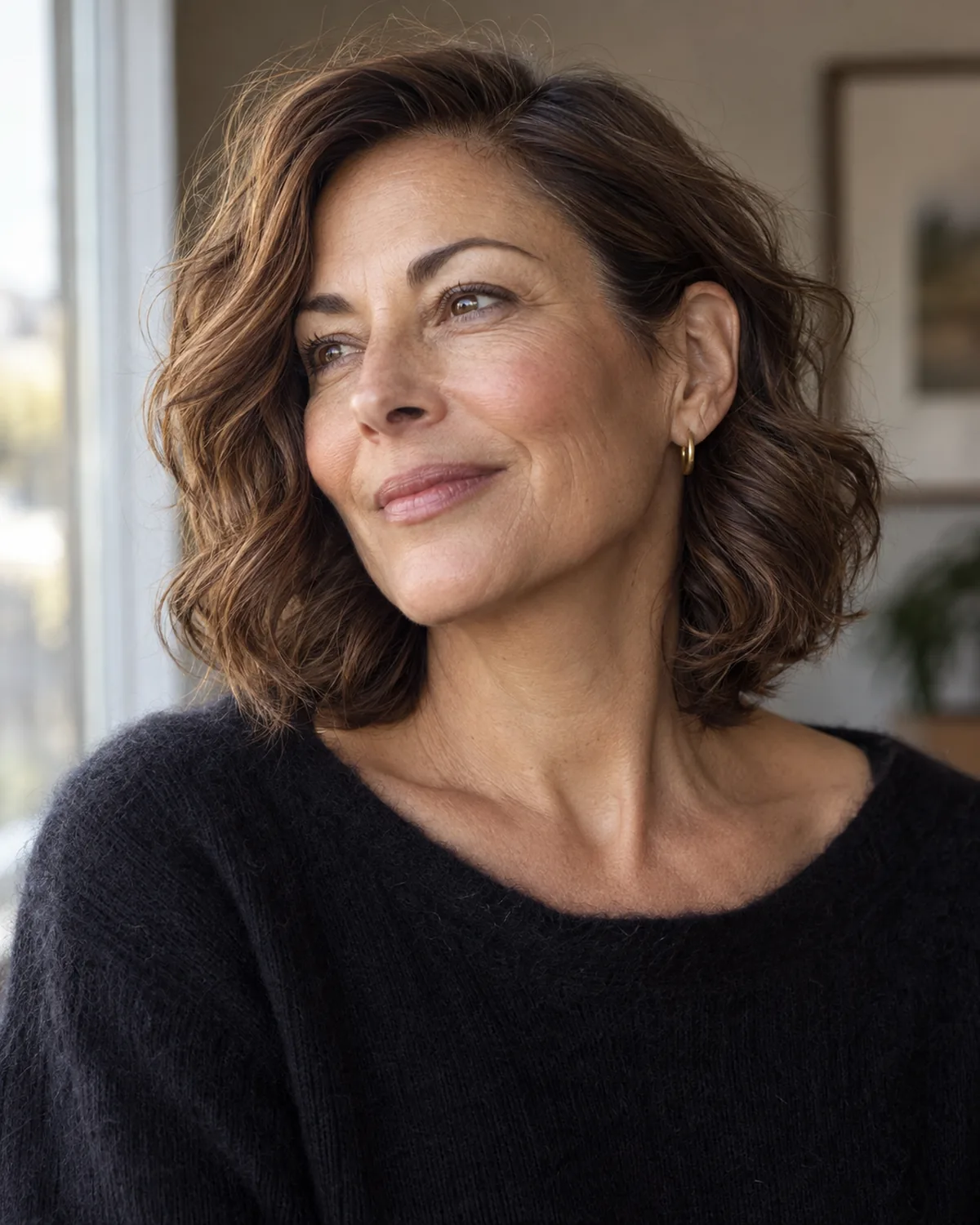 Mature woman in three-quarter view with chin-length waves and deep side part, loose waves adding volume at the widest point of the face