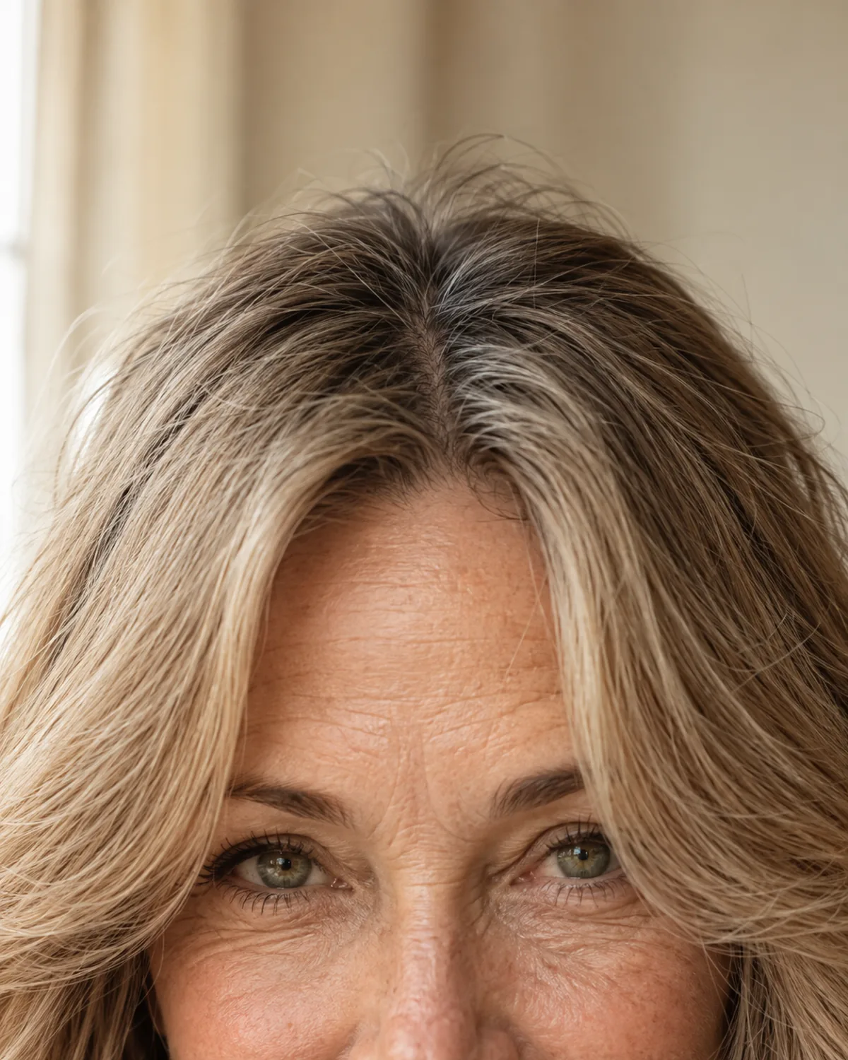 Close crop of centre-parted curtain bangs framing the forehead and sweeping past the cheekbones, hair in sharp focus