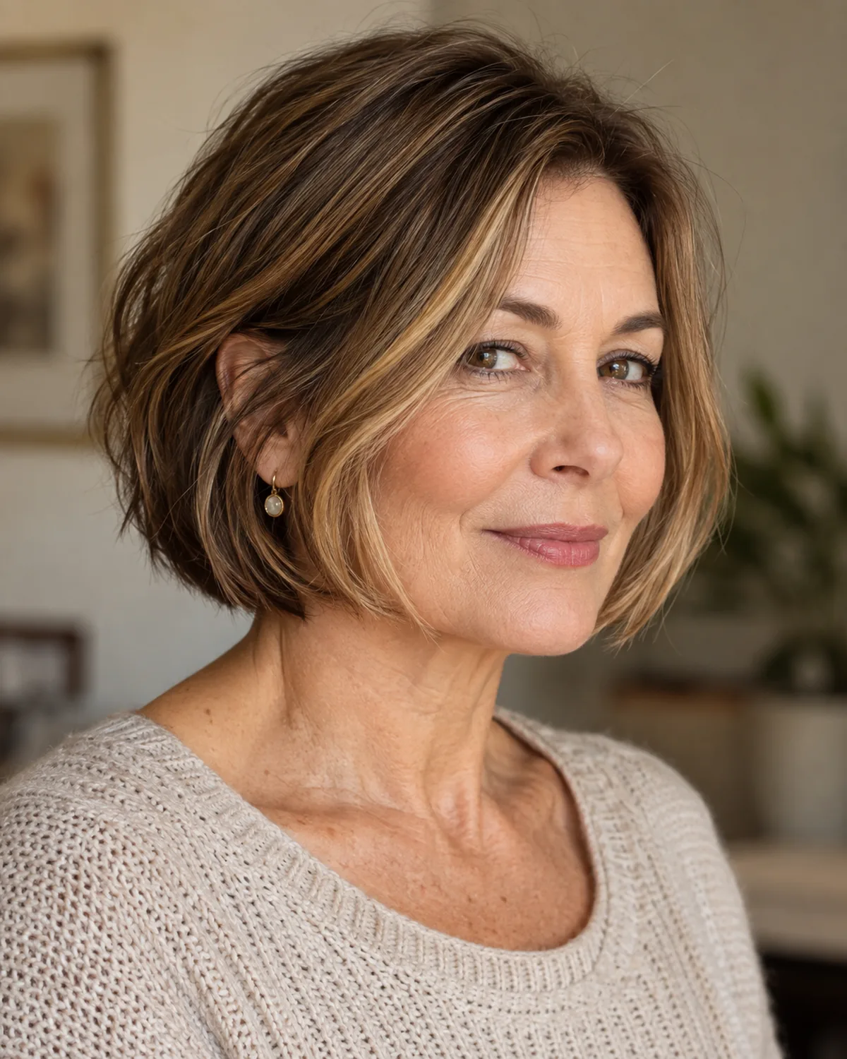 Mature woman in three-quarter view with jaw-length bob showing lighter face-framing highlights at the cheekbone, warm natural tones