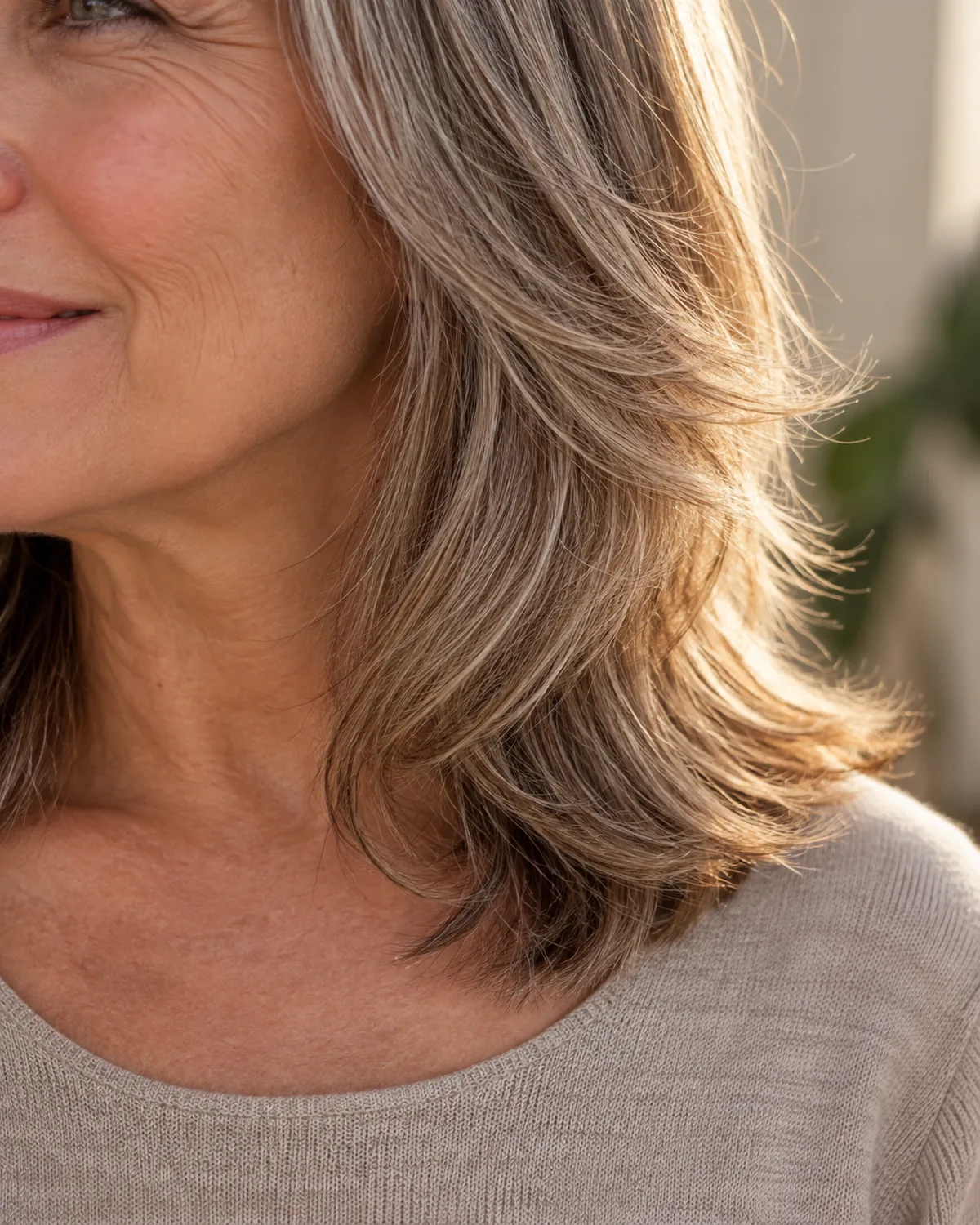 Close crop of feathered hair ends from mid-shoulder to tips, tapered tips catching warm light, individual strands visible