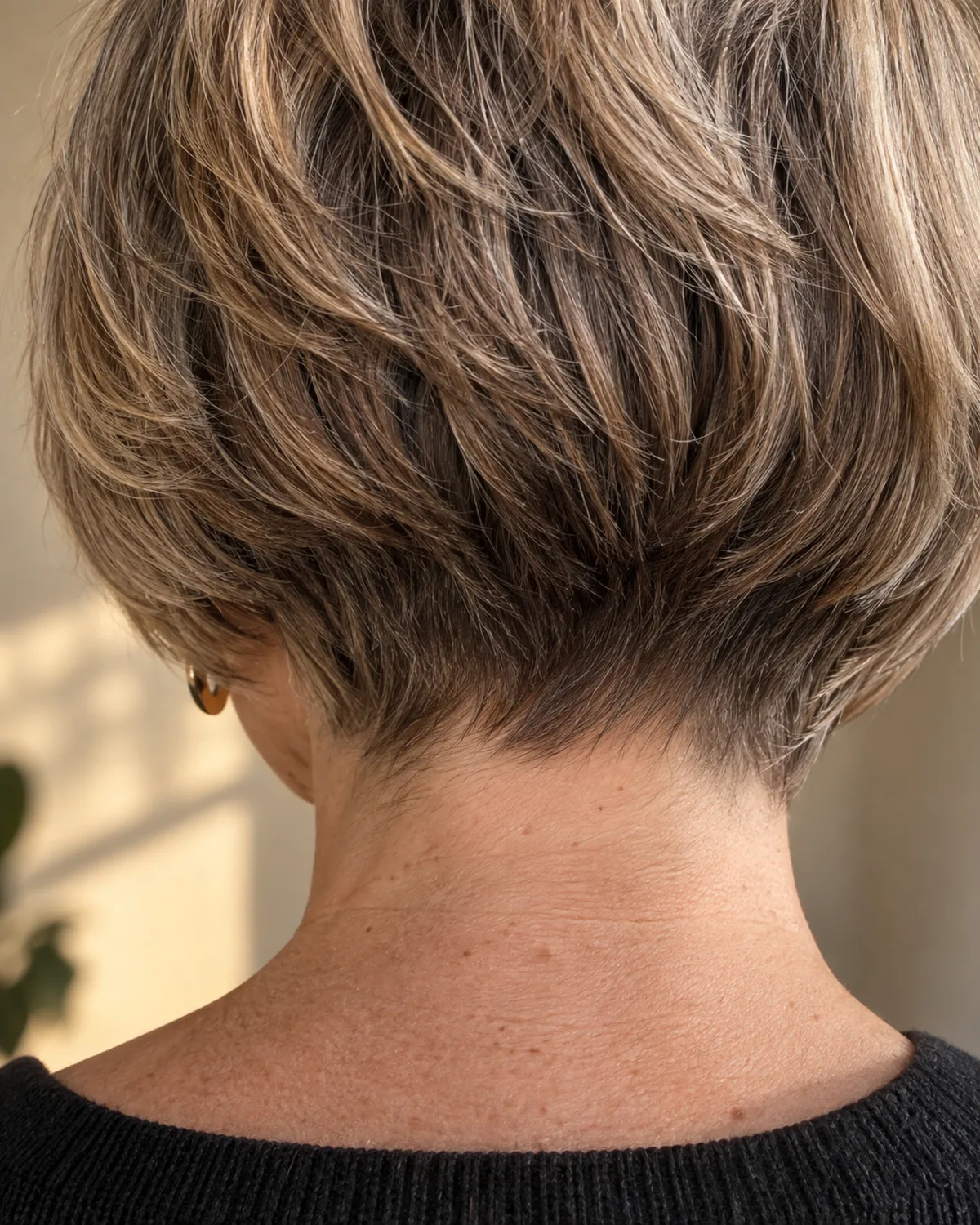 Close crop of stacked nape on a graduated bob, showing short layered hair graduating from nape to longer jaw-length pieces