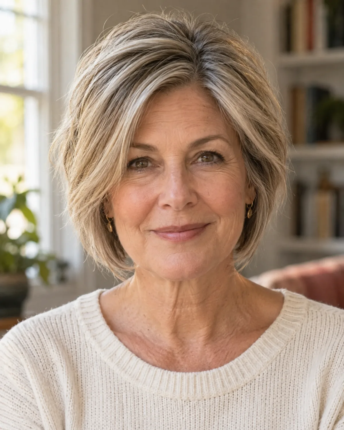 Mature woman facing the camera with layered bob showing visible crown volume, soft focus on features, hair in sharp focus