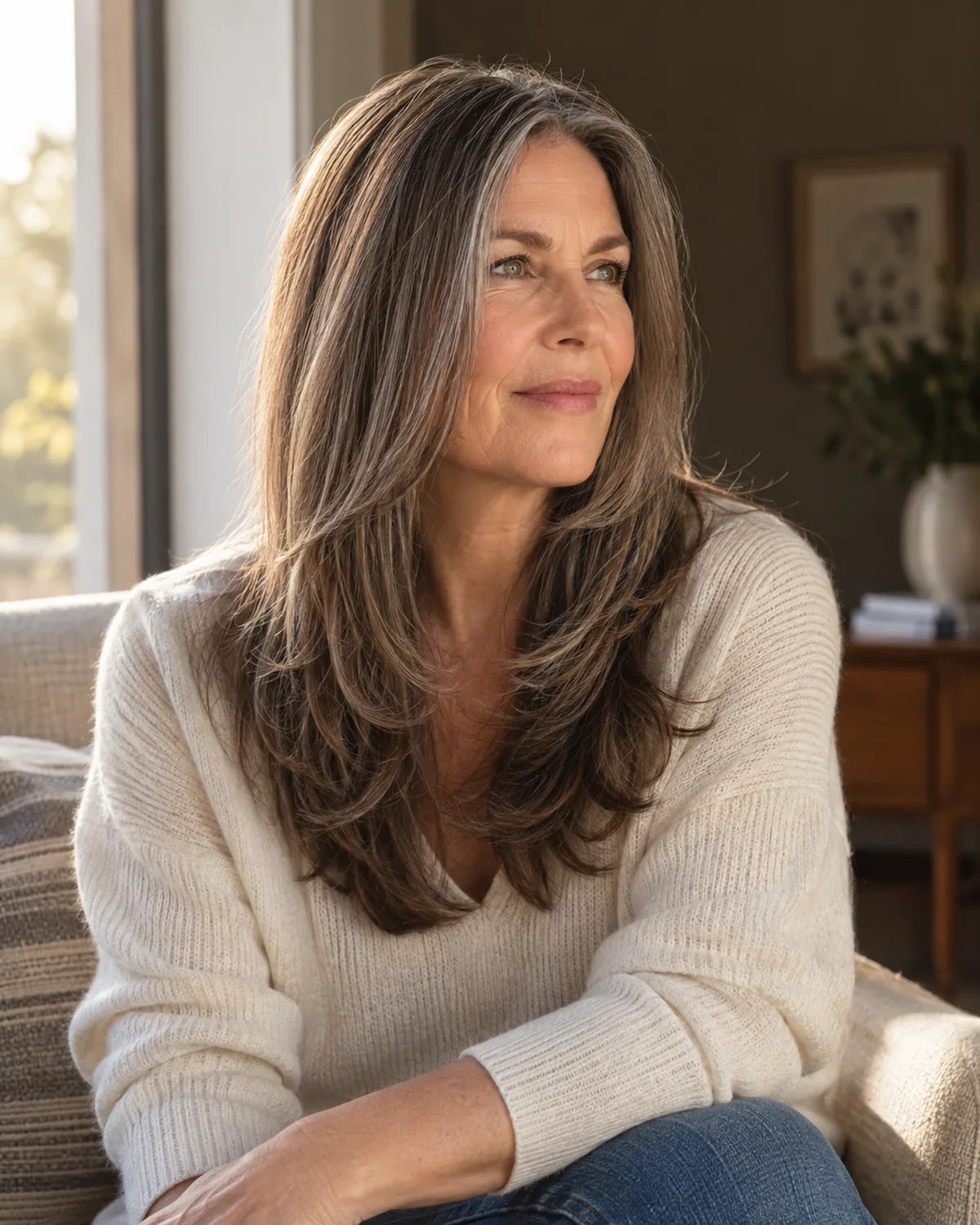 Mature woman seated, turned slightly away, long hair falling over both shoulders with layers adding movement below the collarbone
