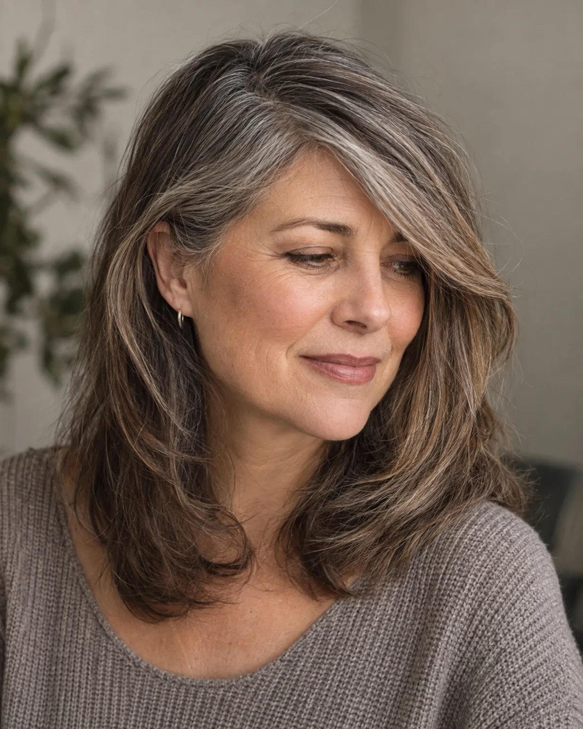 Mature woman in three-quarter view with long side-swept bangs from a deep side part, sweeping past the cheekbone, shoulder-length hair
