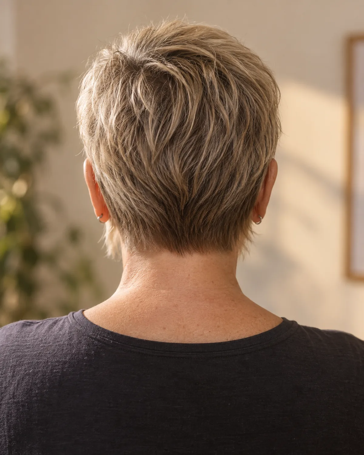 Mature woman photographed from behind showing short pixie with textured crown and slightly longer sideburn taper past the earlobes