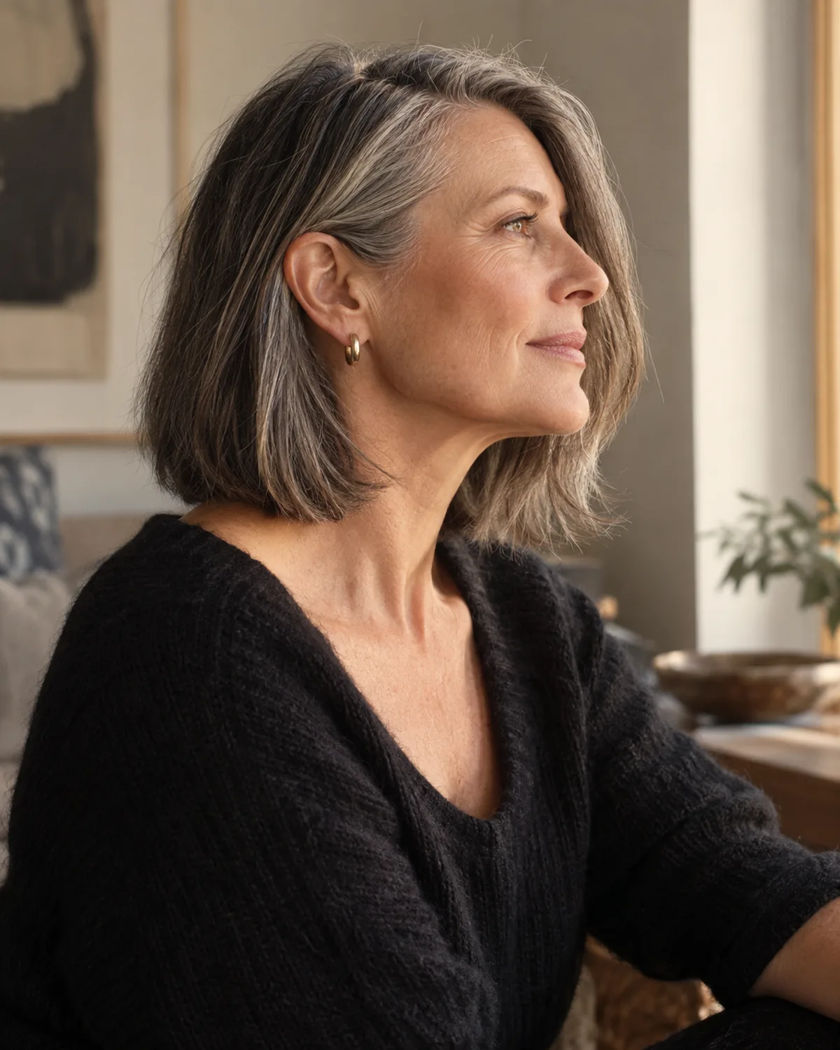 Mature woman in full profile with lob and deep side part, one side tucked behind the ear exposing the cheekbone, warm light