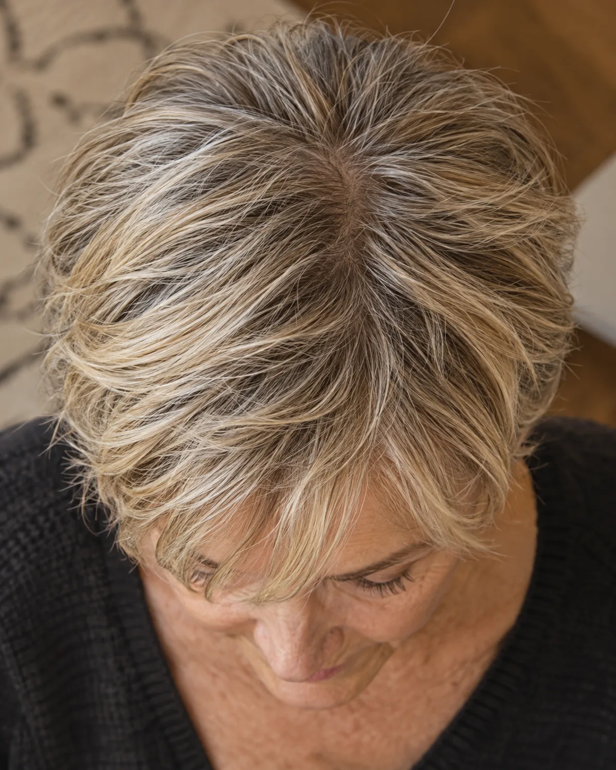 Top-down macro of textured short crop showing varying lengths and soft fringe pieces falling forward, realistic scalp texture at the part
