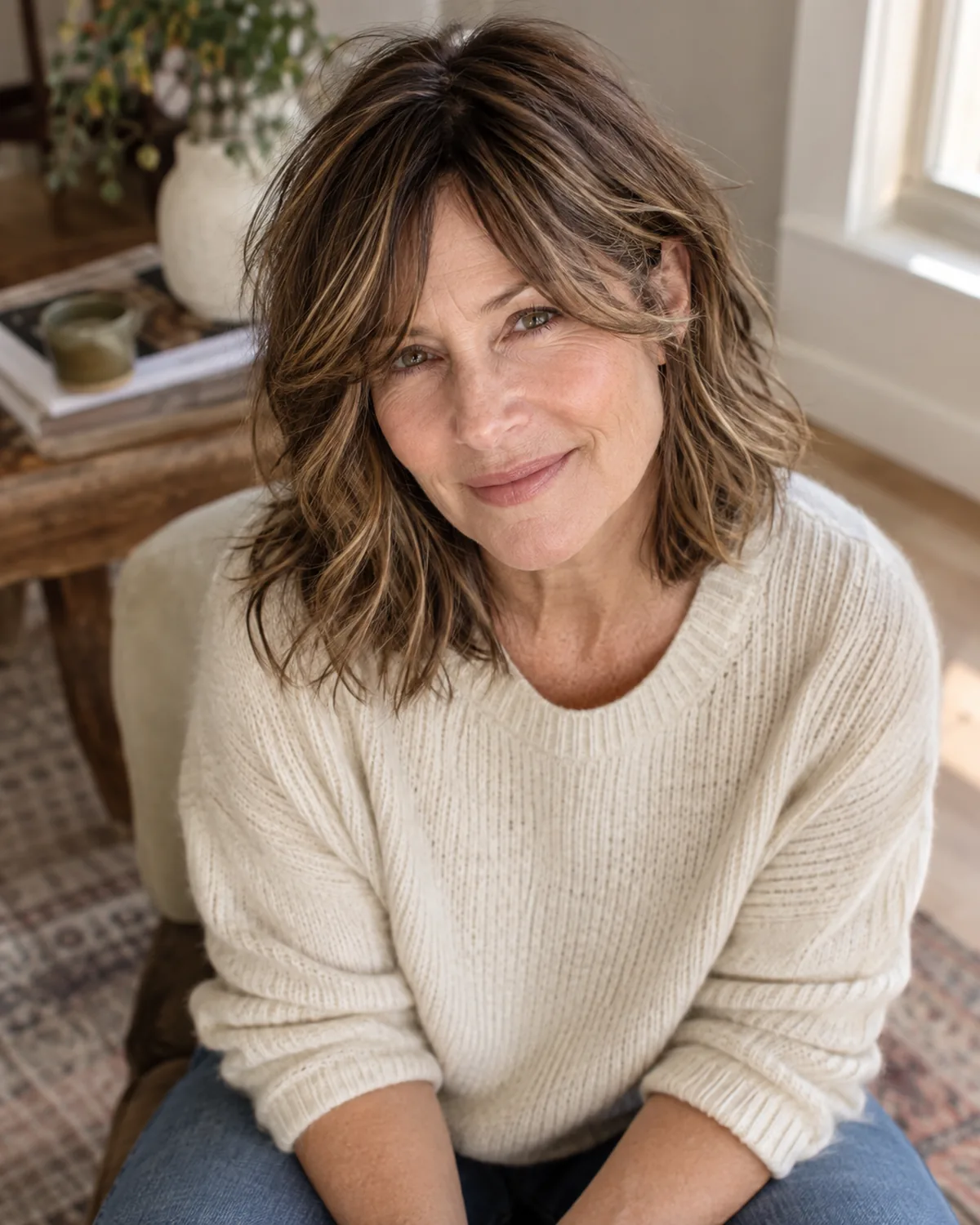 Mature woman seated, shot from slightly above, textured shag with choppy layers from jaw to shoulder, hair falling forward over one shoulder