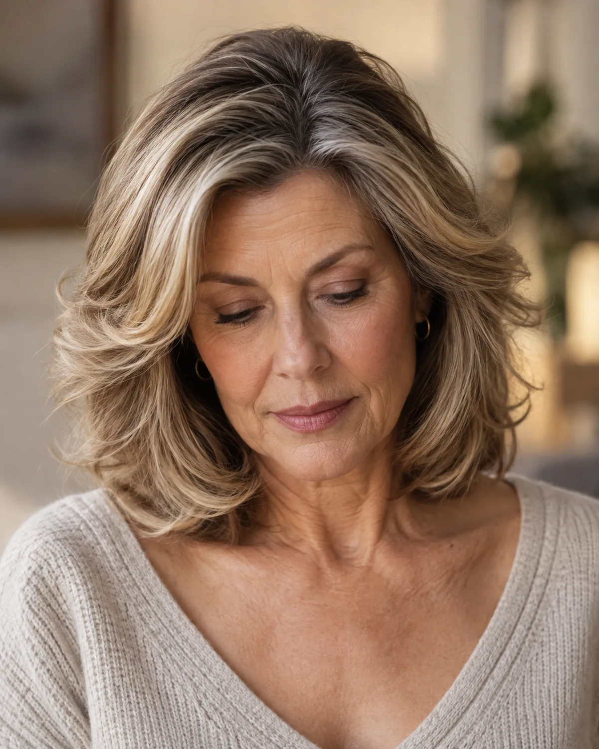 Mature woman front-facing with eyes downcast, shoulder-length hair with voluminous root lift and outward movement at mid-lengths