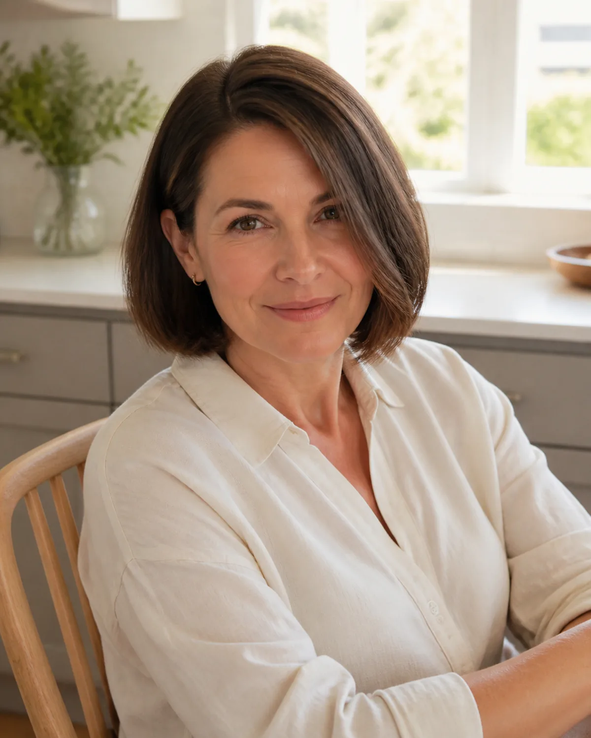 A mature woman with warm chestnut chin-length bob with softly rounded point-cut edges, seated in a bright kitchen wearing a cream cotton shirt