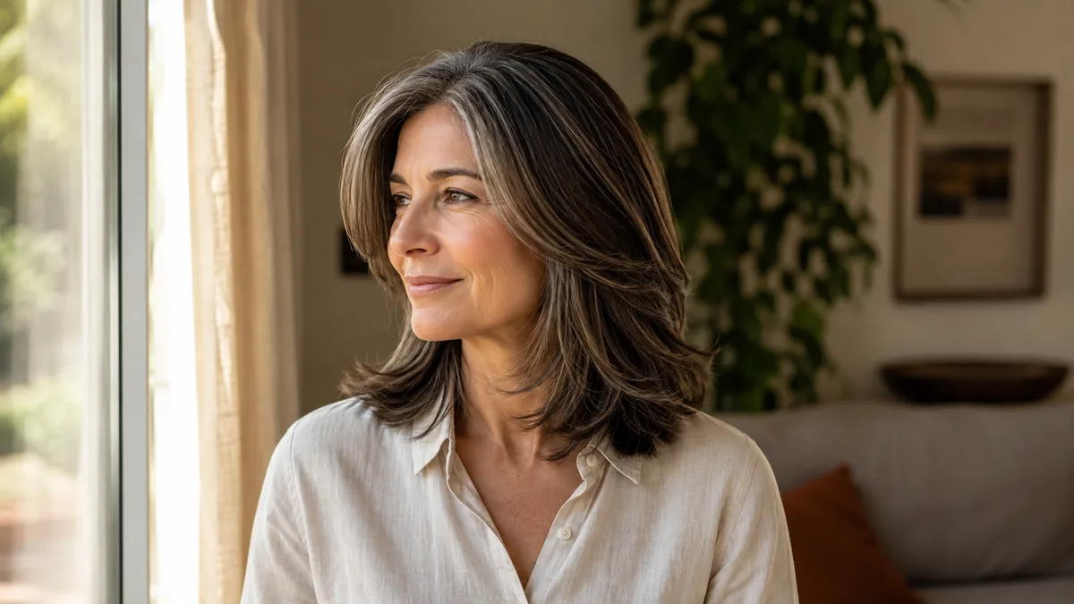 A mature woman with silver-streaked dark brown shoulder-length layered hair in a three-quarter view beside a sunlit window, layers starting below the cheekbone