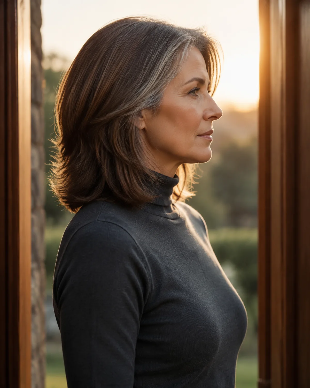 Profile view of a mature woman with medium-brown hair and grey at the temples, shoulder-length soft layers starting below the cheekbone with a visible weight line at the jaw, standing in a doorway with warm rim light