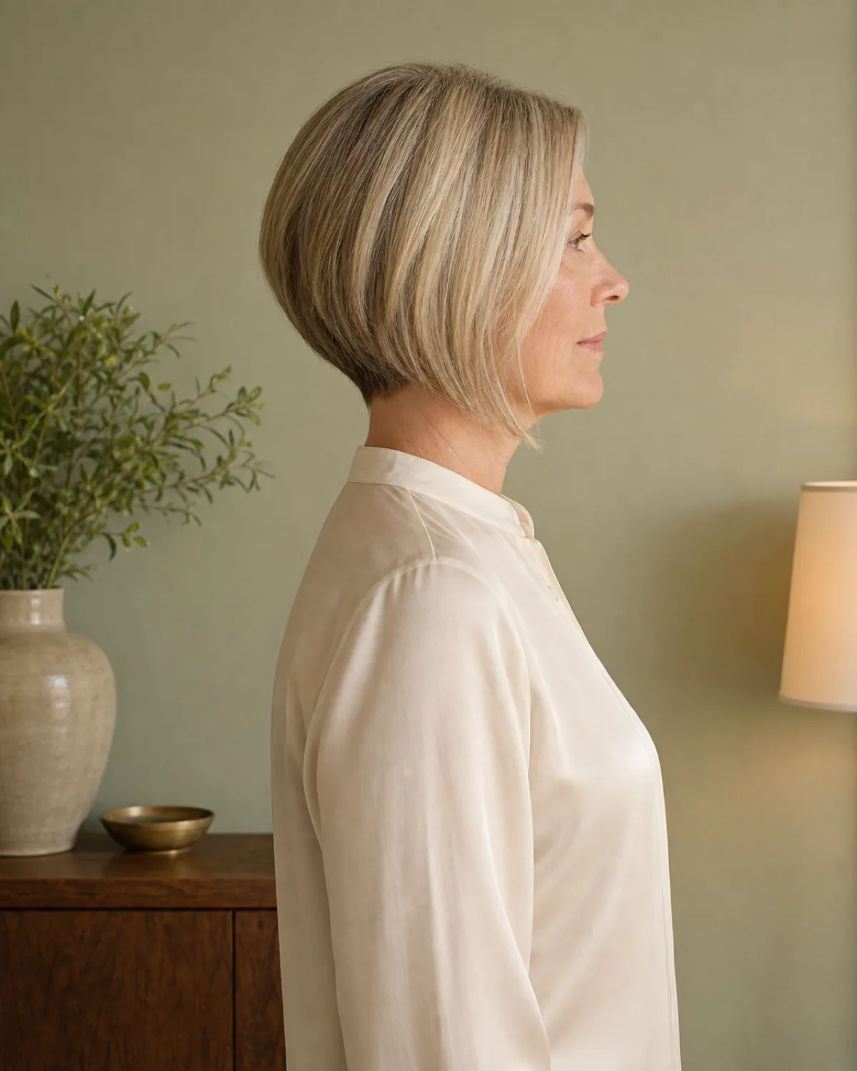 A side profile of a woman with ash-blonde hair in a chin-length graduated bob, the cut angling from shorter at the nape to chin-length at the front, standing in a warmly lit room with a pale sage wall and wearing a cream silk blouse