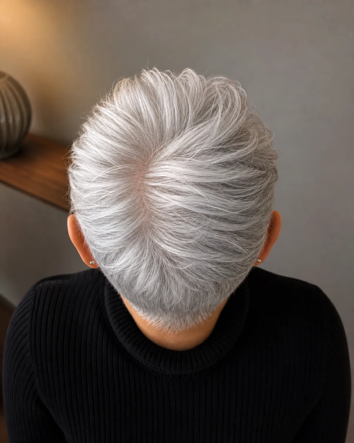 A top-down view of a woman with silver-white hair in a pixie cut, the crown section visibly taller and thicker than the close-cropped sides and nape, wearing a black turtleneck, photographed with her head tilted forward