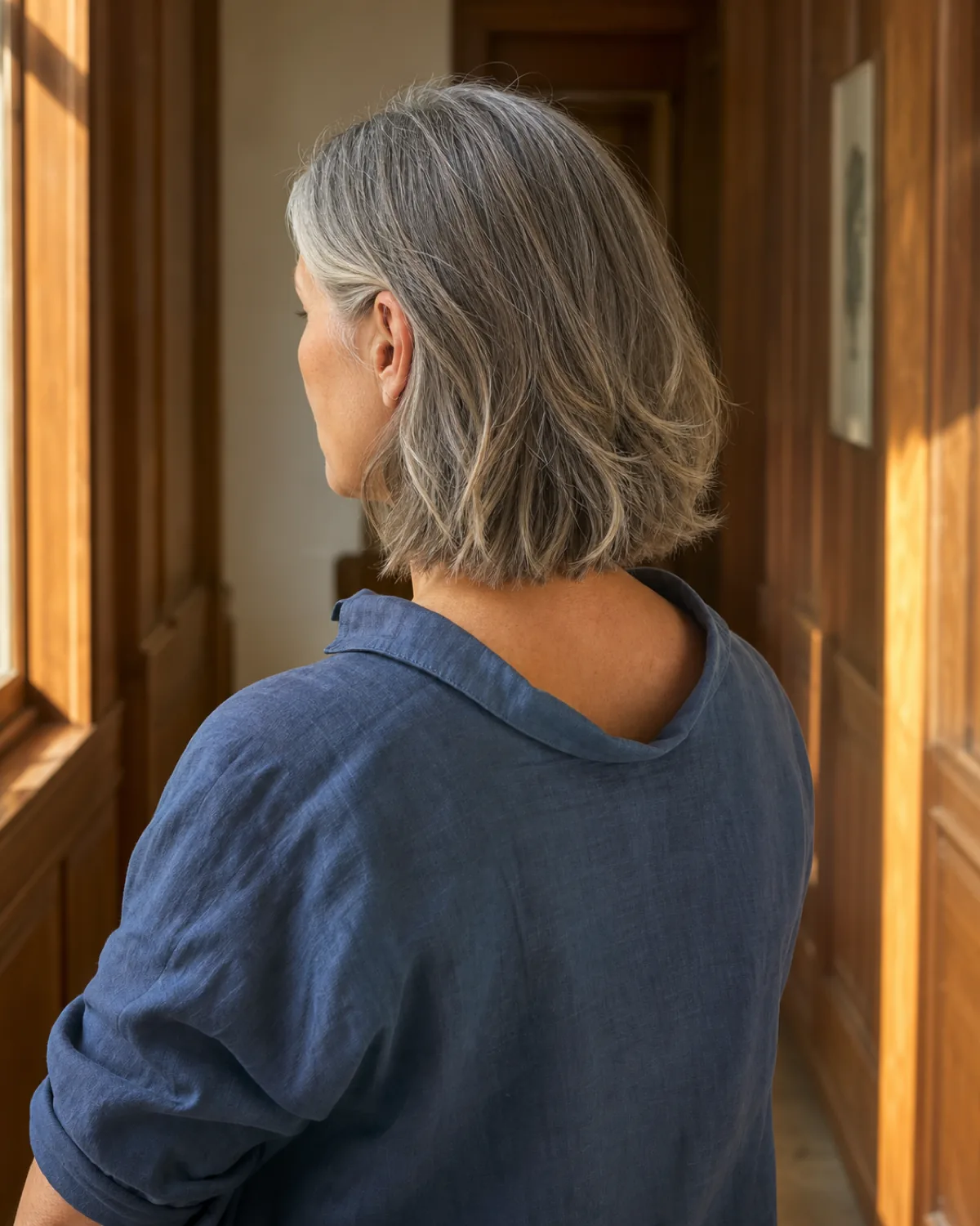 A back-three-quarter view of a woman with salt-and-pepper hair cut in a lob at shoulder length, the textured point-cut ends breaking up rather than forming a flat blunt line, wearing a slate-blue linen shirt in a sunlit hallway with warm wood panelling