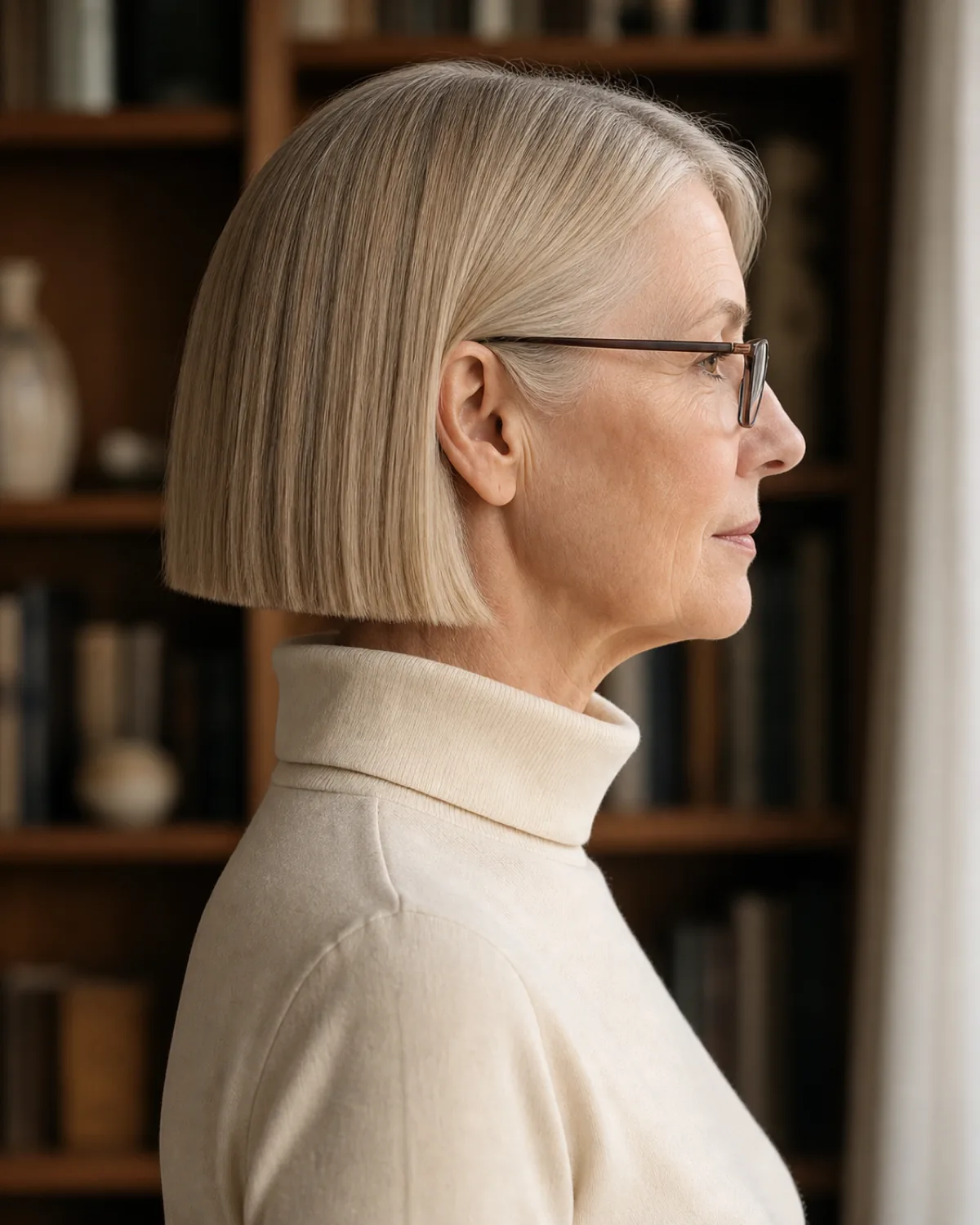 A woman in her early 60s with fine ash-blonde hair in a precise jaw-length blunt bob, shown in full side profile wearing slim rectangular glasses, the bob hemline sitting clearly below the temple-arm hinge with a visible gap between the two lines