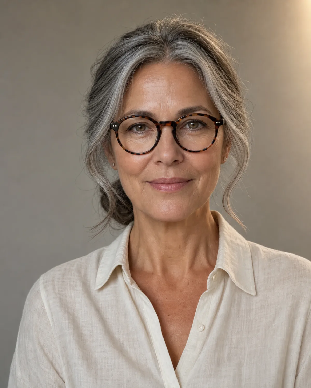 A woman in her early 60s with salt-and-pepper hair pulled back in a low chignon, face-framing tendrils released at each temple alongside the temple arms of her round tortoiseshell glasses, photographed front-facing with facial features softly rendered and hair in sharp focus